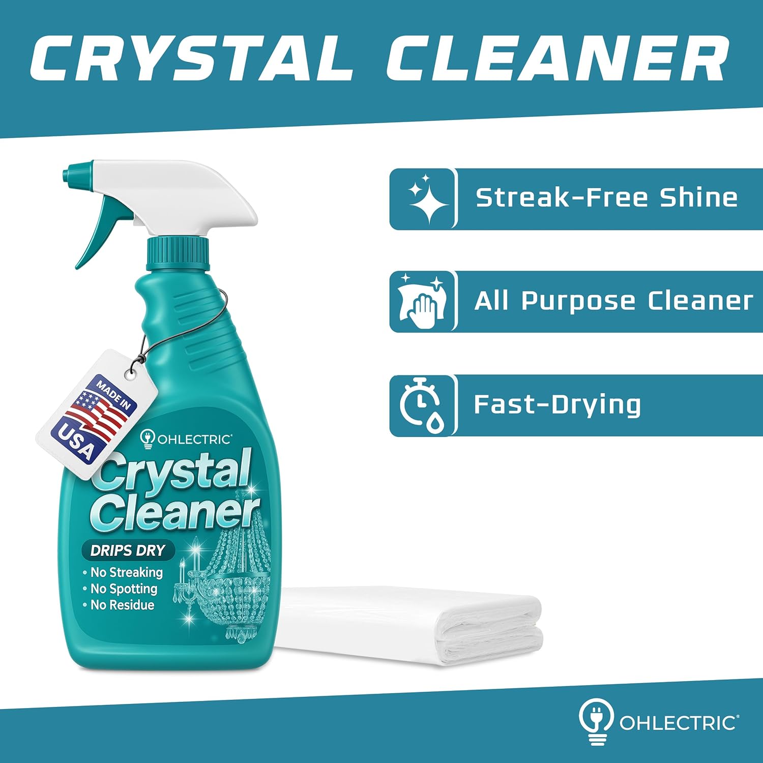 Crystal Chandelier Cleaner Spray Kit & Plastic Drop Cloth for Protection (32 oz) Drips Dry - No Spotting No Residue No Streaking Crystal Glass Spray Antique Chandeliers, All-Purpose Spray Cleaning Kit