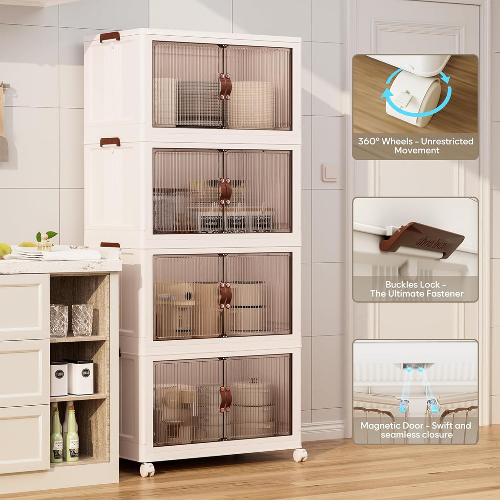 Jalove 88QT Plastic Storage Bins with lids, Stackable Collapsible Storage Containers with Wheels, Closet Organizer and Storage Drawers, Clothes Storage Cabinet for Home Office Garage, 4 Pack White