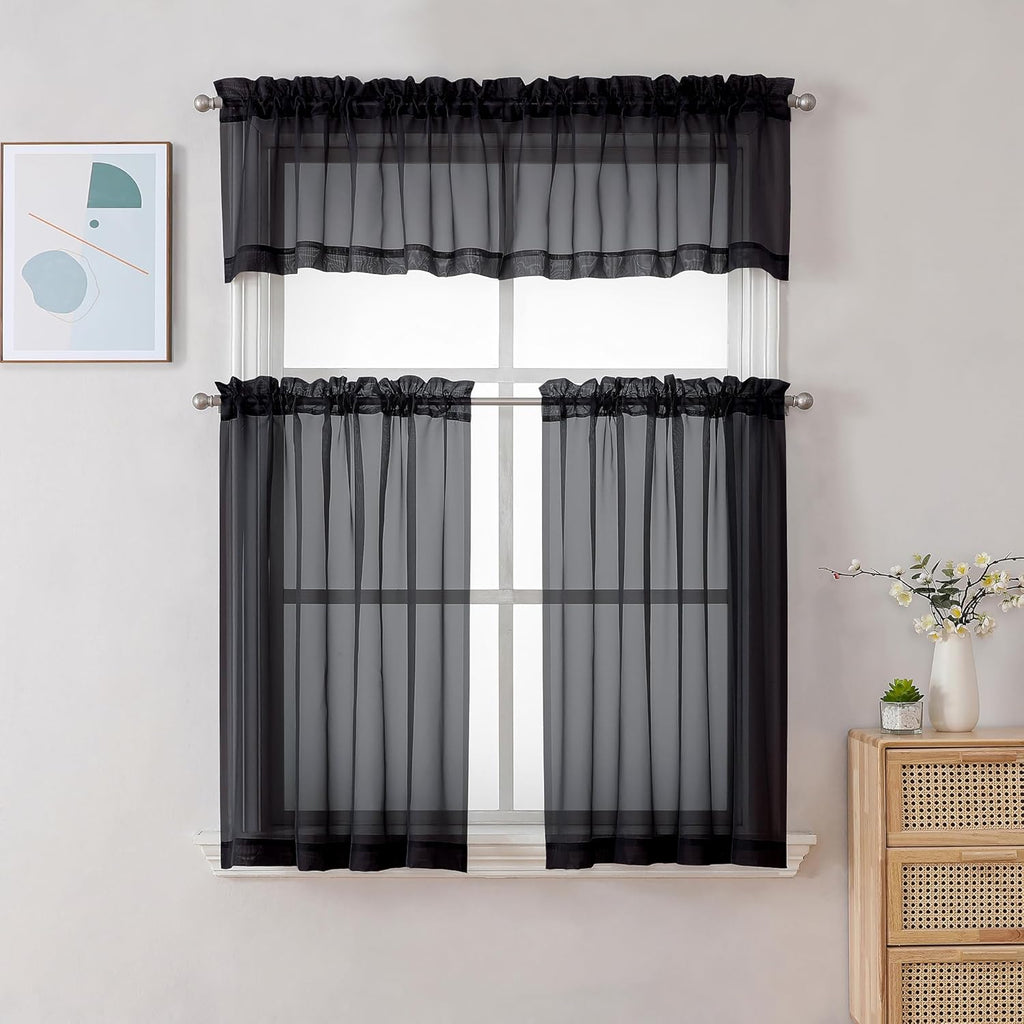 Chyhomenyc Black Sheer Curtains 30 inch Length 2 Panels, Light Filtering Voile Rod Pocket Short Window Curtians for Bathroom Living Room Farmhouse Small Windows, 42Wx30L inches