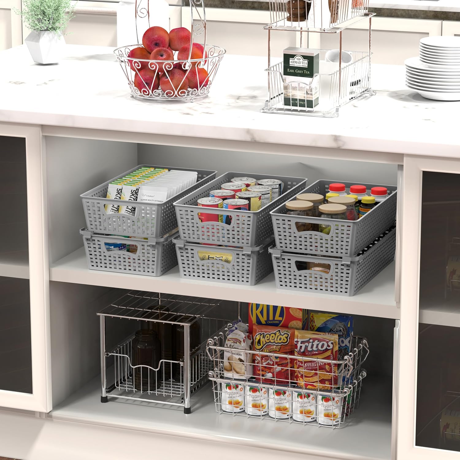 Simple Houseware Stackable Plastic Woven Basket Organizer, 6 Pack, 14.5" x 8.5" x 3.5", Gray