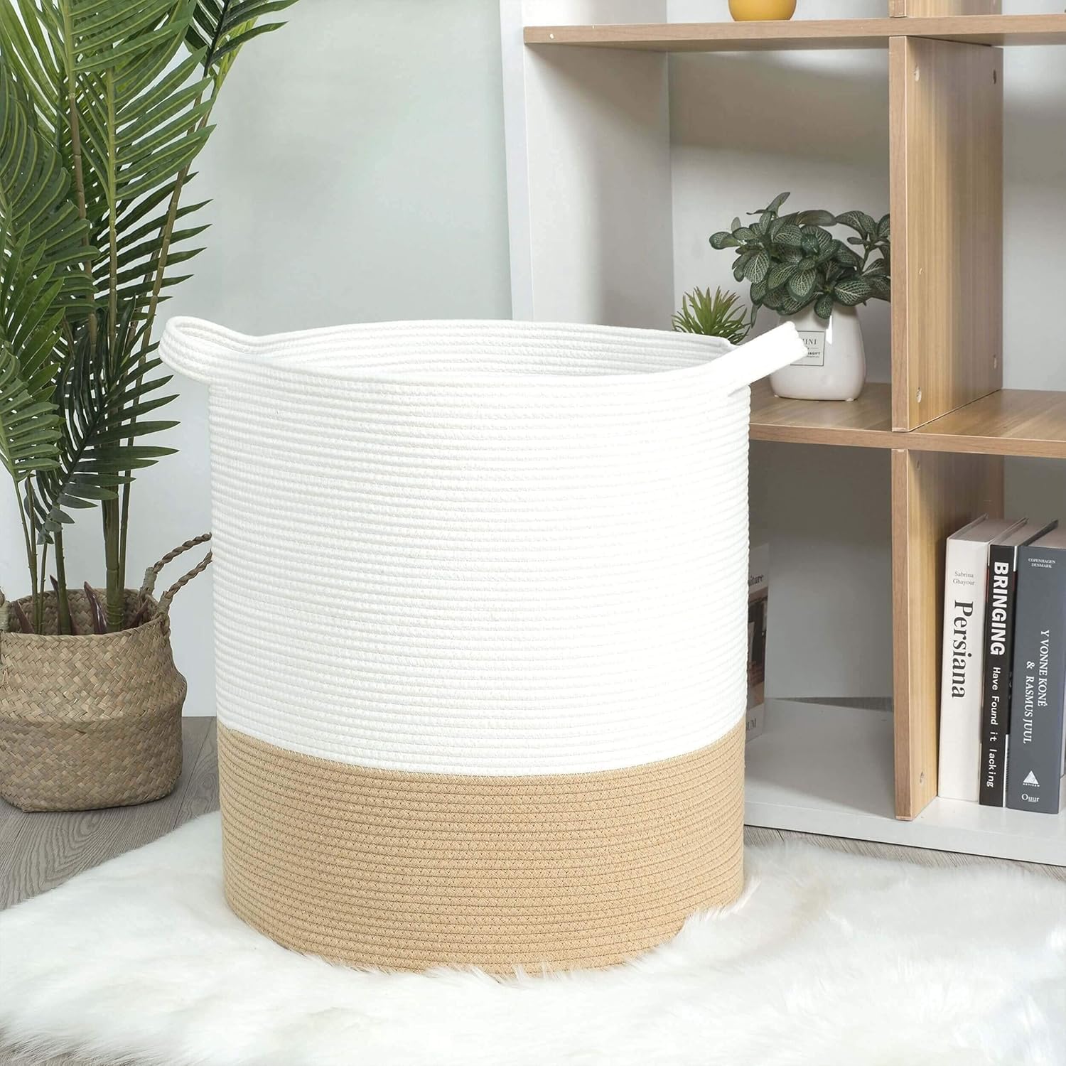 MINTWOOD Design 83L Extra Large 20x18in Decorative Woven Cotton Rope Blanket Basket with Handles, Tall Laundry Hamper for Living Room, Round Storage for Pillows, Towels, Shoes, Beige