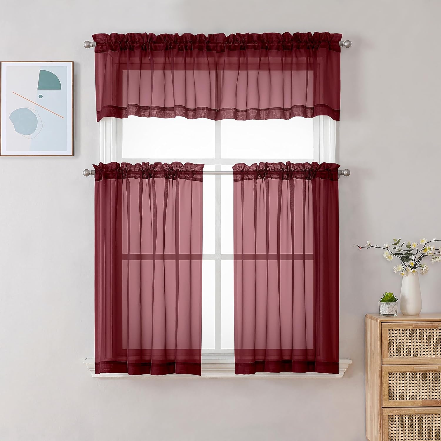 Chyhomenyc Sheer Valances for Windows 2 Pack, 42W x 14L inches Small Window Curtains for Living Room Bathroom Cafe Laundry Basement, Modern Top Dual Rod Pocket Voile Curtain, Burgundy