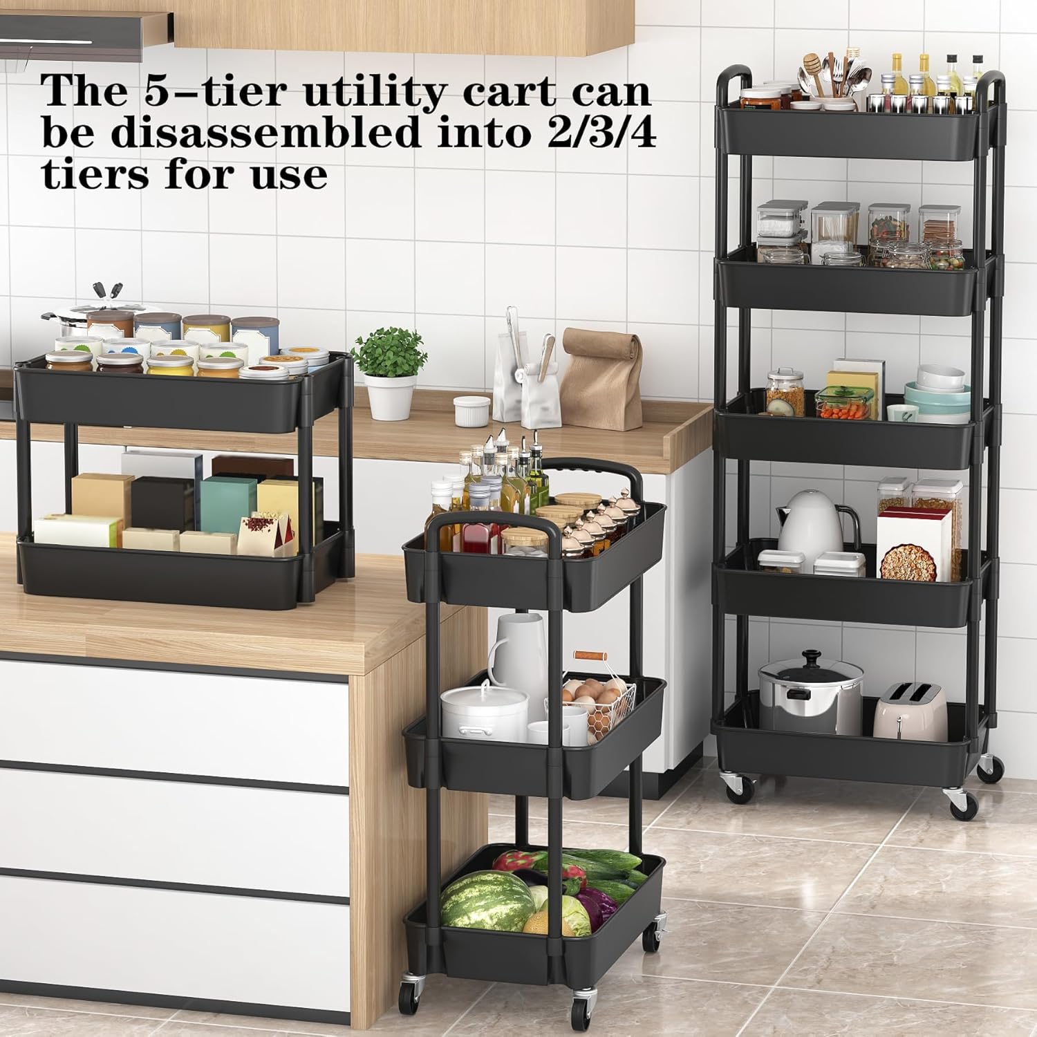 Sywhitta 5-Tier Plastic Rolling Utility Cart with Handle, Multi-Functional Storage Trolley for Office, Living Room, Kitchen, Movable Storage Organizer with Wheels, Black