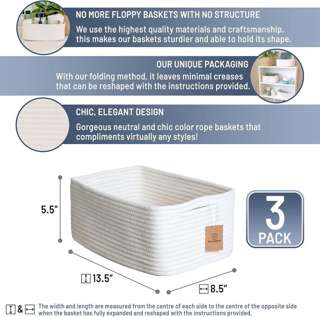 NaturalCozy 13.5”x8.5”x5.5” Storage Baskets for Shelves 3 Pack | Cotton Rope Woven Small Baskets for Organizing | Small Storage Bins for Nursery, Bathroom, Closet, Cube Shelf, Decorative, Gift