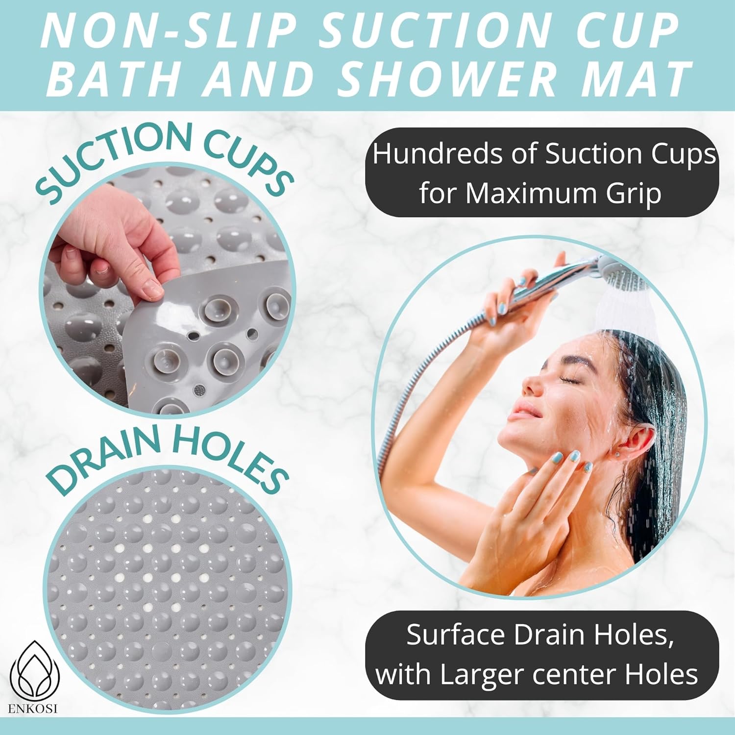 ENKOSI Large Non Slip Bathtub & Shower Mat - Extra Long 40 x 16 Inch, Anti Slip Bathmats for Bathroom Tub (40x16 Grey 1-Pack)