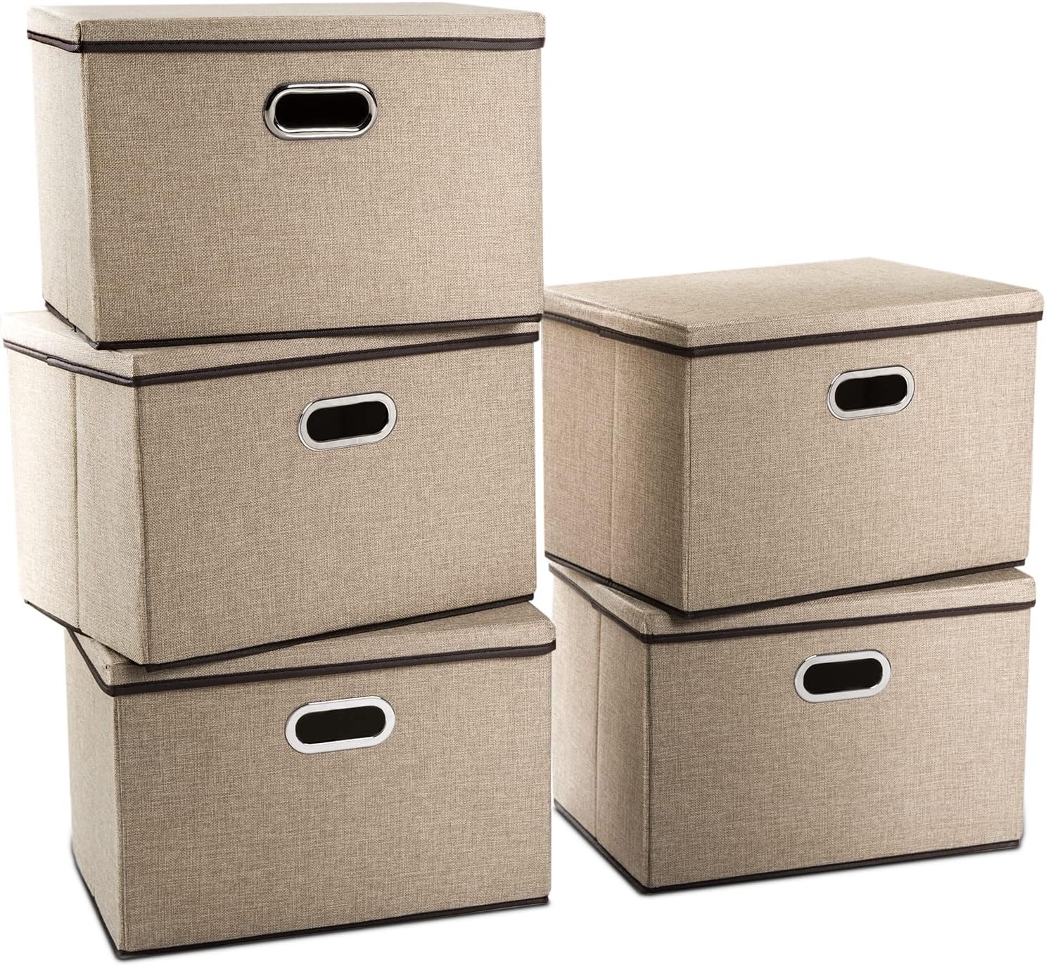 PRANDOM Large Collapsible Storage Baskets with Lids [5-Pack] Jute Fabric Foldable Storage Bins Boxes Organizer Containers Cube with Cover for Home Bedroom Closet Office Nursery (17.7x11.8x11.8)