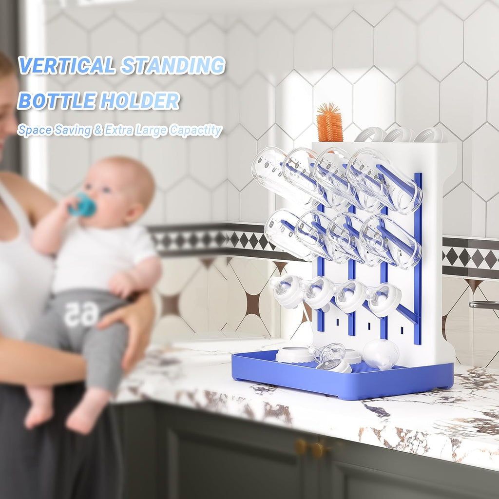 Baby Bottle Drying Rack: Vertical Space Saving Standing Bottle Organizer for Countertop – Holds Glass Baby Bottles, Utensils, Pump Parts, Brushes & Pacifiers, Kitchen – Premium Material (1, Blue)