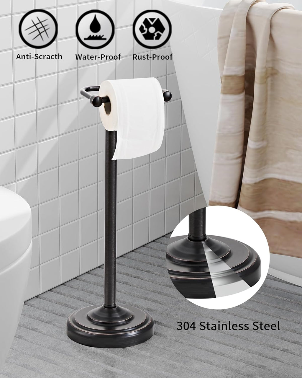Toilet Paper Holder Stand, Oil Rubbed Bronze Toilet Paper Holder Free Standing, Post Pivoting Design & Stable Weighted Base SUS304 Stainless Steel for Bathroom（Mega Roll）
