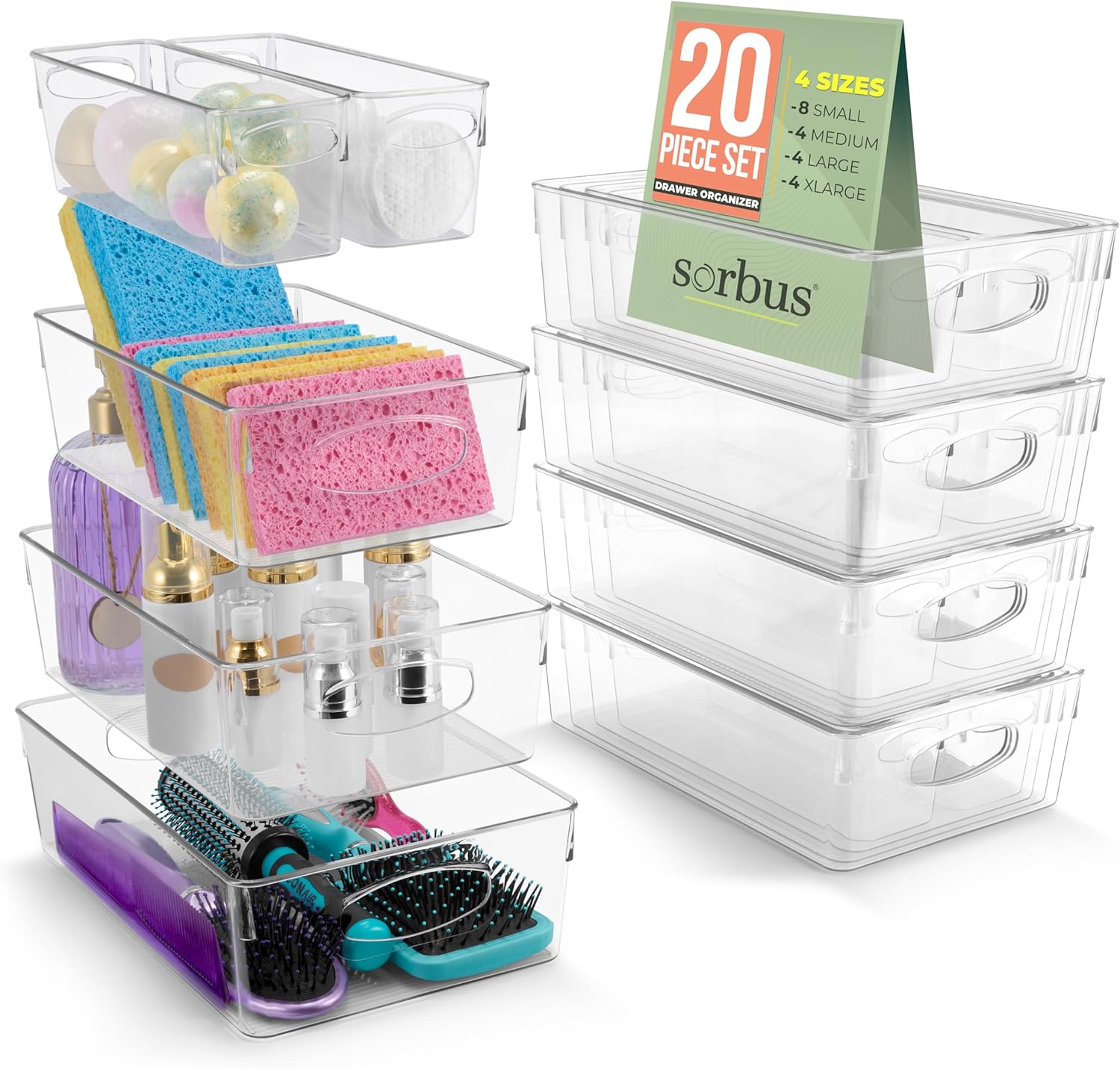 Sorbus Clear Plastic Storage Bins for Organizing, 20 Pack Clear Organizer Bins with Handles, Plastic Storage Bins for Closet, Pantry, Fridge, Medicine Cabinet Organizer, Shelves, Freezer, Drawer