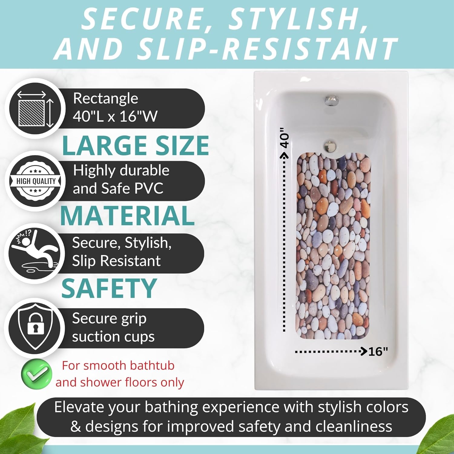 ENKOSI Bath Mat – Large 40 x 16 Inch Non-Slip Bathtub Mat with Suction Cups & Drain Holes – Extra Long Bathroom Shower Mat for Tub with Pebble Design (40x16 Pebble Stone)