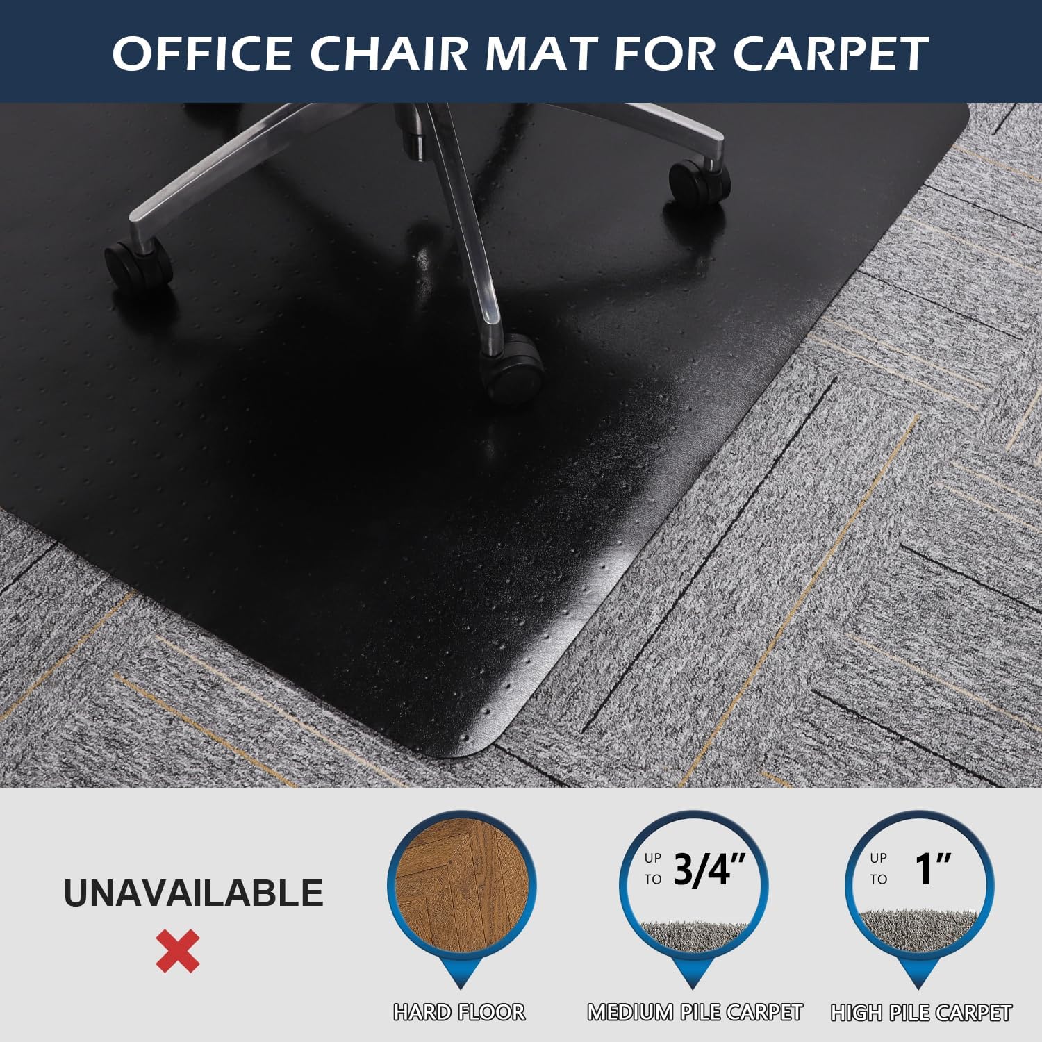 SALLOUS Office Chair Mat for Carpet, 48in x 36in Heavy Duty, Gaming Chair Mat with Grips, Rolling Desk Chair Floor Mat for Home Office (Black, Extended Lip)