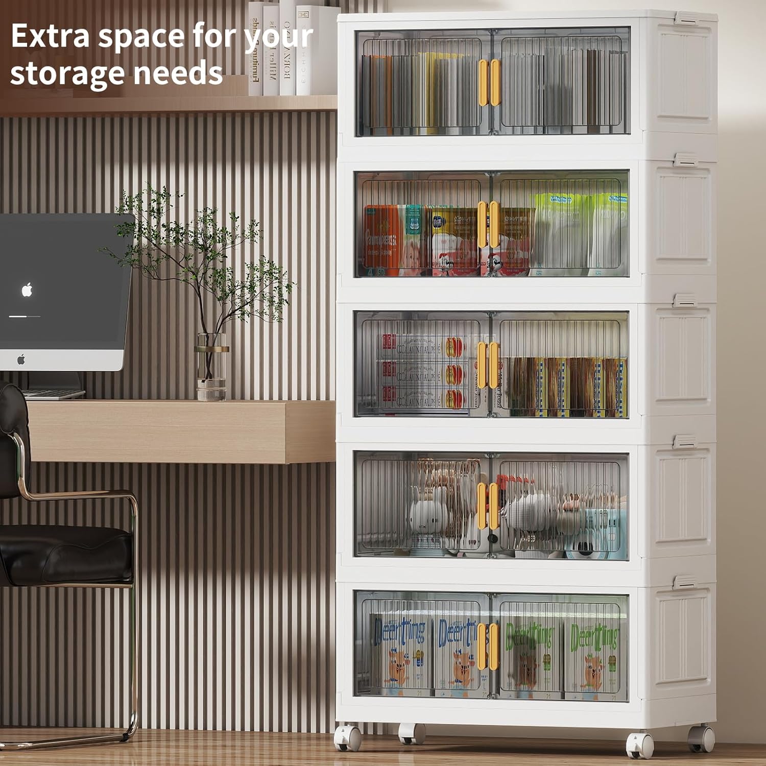 100Gal Stackable Plastic Storage Bins with Lids, Collapsible Closet Organizers and Storage with Wheels for Living Room,Office,Dorm 26.8" W x 14.4" D x 60" H, 5 Tier