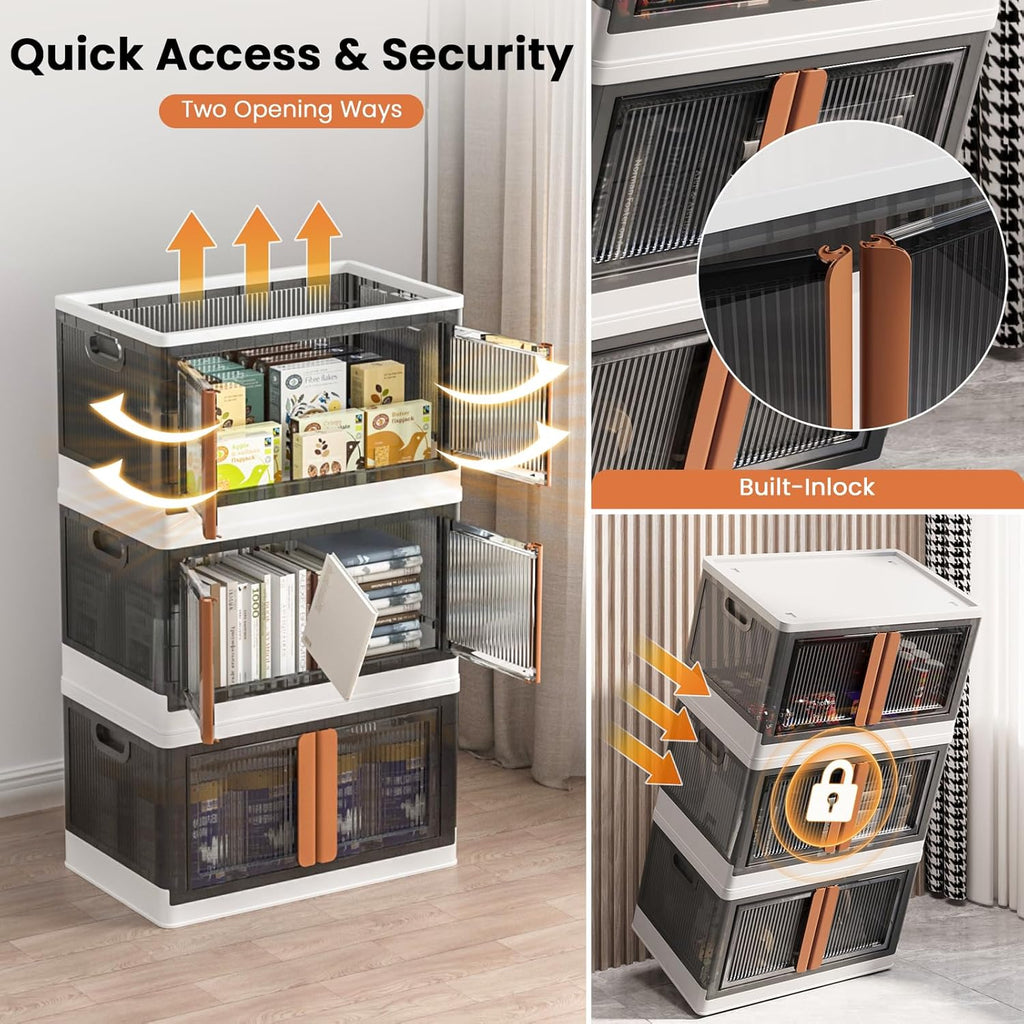 19Gal Collapsible Storage Bins with Lids & Wheels - 3 Pack Stackable with Doors, Heavy-Duty Plastic Containers for Home/Office, White