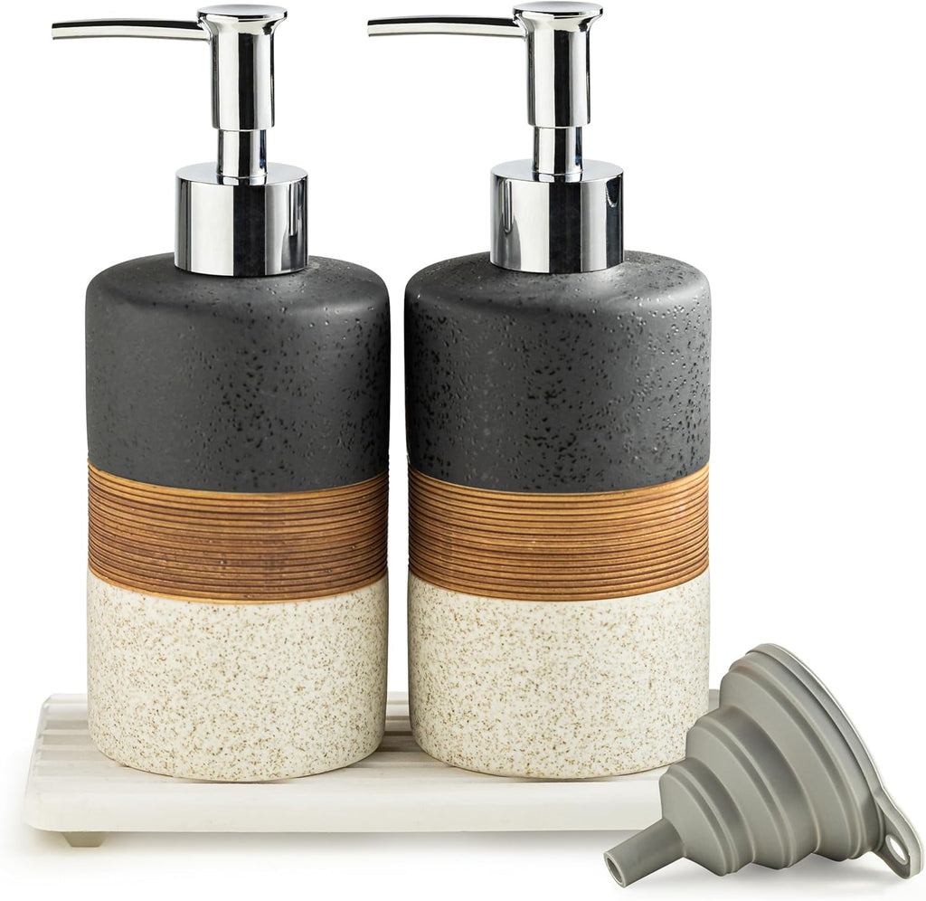 Ceramic Dish Soap Dispensers Set(2 Pack), Hand, Dish, Shower Soap Dispenser for Kitchen Sink & Bathroom, Includes Stainless Steel Pump, Silicone Funnel & Diatomaceous Holder, Black