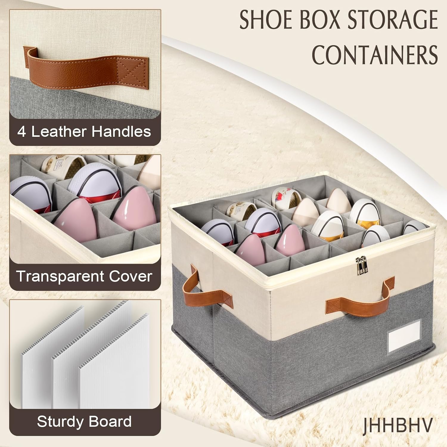 1 Pack Shoe Organizer for Closet, Adjustable Shoe Box Storage Containers, Large Foldable Shoe Bins with Clear Cover, Space Saving Shoes Holder with 4 Handles, Fits 8-16 Pairs, Beige