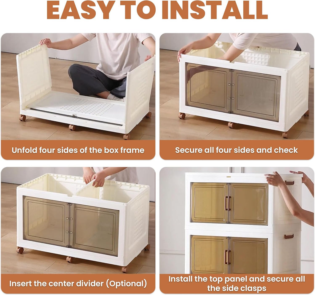 376QT/94Gal 2 Layers Stackable Storage Bins with Lids And Doors - Sensor Lights in Cabinets, Large Collapsible Container Box with 6 Wheels, Plastic Foldable Organizer for Home and Office