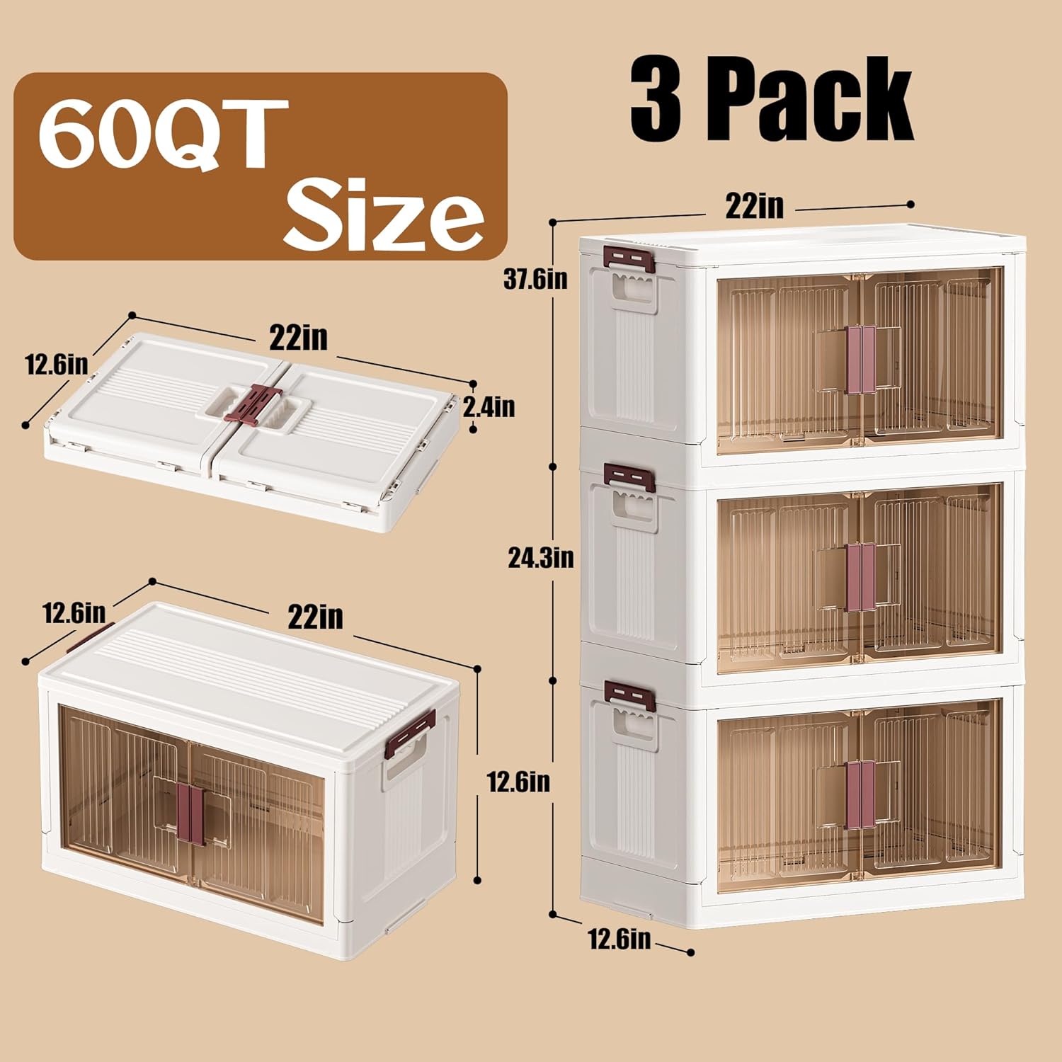 45GAL/180QT 3 Tier Large Stackable Storage Bins with Lids and Wheels, Collapsible Storage Bins Plastic with Doors, Suitable for Clothes, Closet, Home and Office