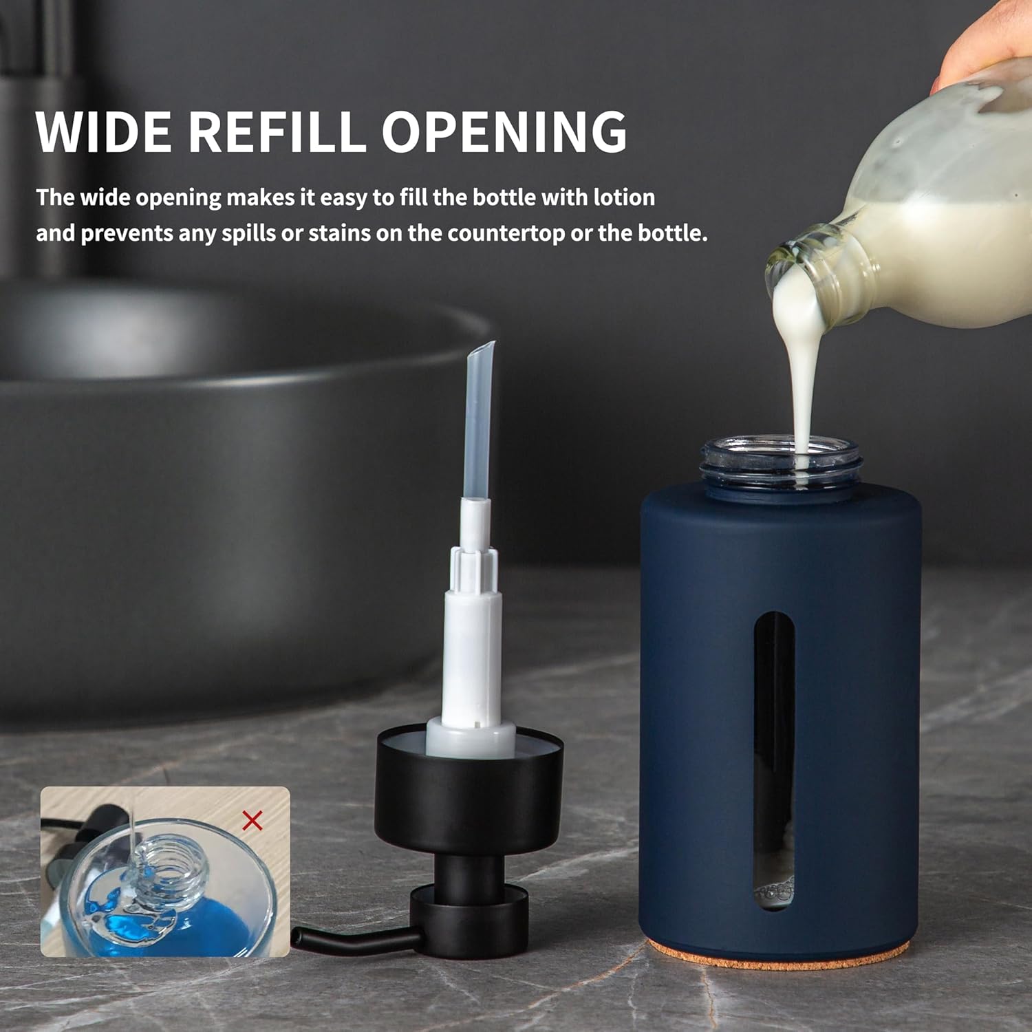 Enra Glass Hand Soap Dispenser,12oz Navy Blue Liquid Bathroom Soap Dispenser with Stainless Steel Lotion Pump for Bathroom Kitchen (Blue)