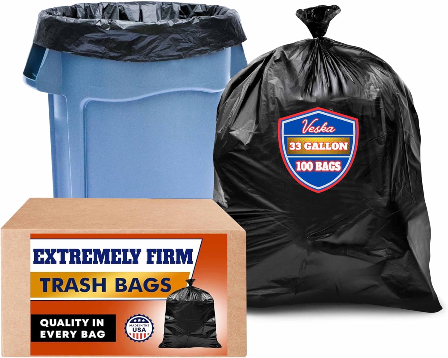 Veska 33 Gallon Trash Bags, (Huge 100 Bags w/Ties) Large Black Garbage Bags 30 Gallon, 32 Gallon, 35 Gallon Trash Can Liners