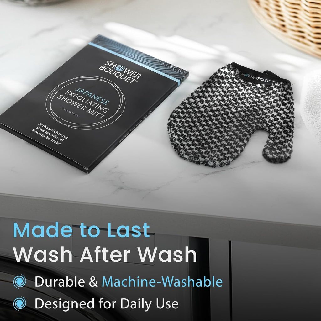 Japanese Exfoliating Mitt for Shower [1-Pack, White] - Charcoal & Silver Ion Exfoliating Glove - Gentle Exfoliation & Deep Cleansing Shower Mitt - Exfoliating Body Scrubber Glove, Soft Fabric Inside