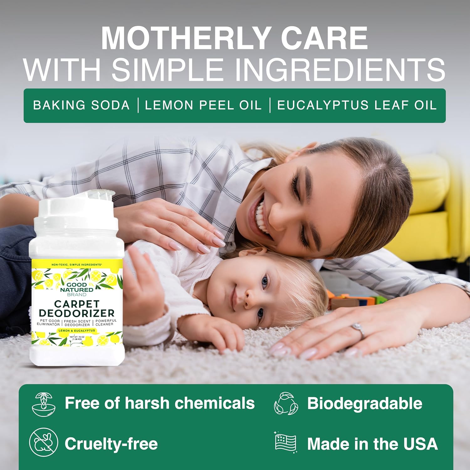 Good Natured Brand | Carpet Deodorizer & Freshener Powder | 70 oz Pet Odor Eliminator for Strong Odor & Pet Urine | Fresh Natural Lemon & Eucalyptus Scent | Safe for Homes with Pets