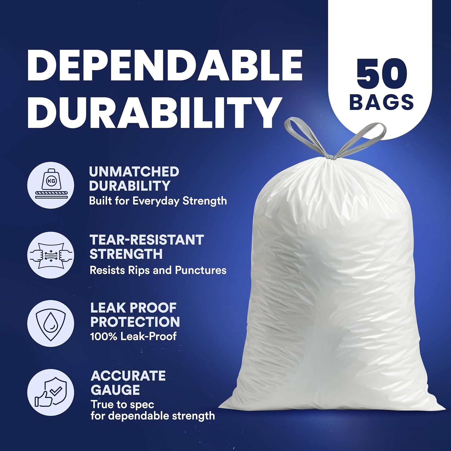 Plasticplace 13 Gallon Trash Bags │ 1.2 Mil │ White Extra-Large Drawstring Garbage Can Liners │ 24" x 31" (50 Case)