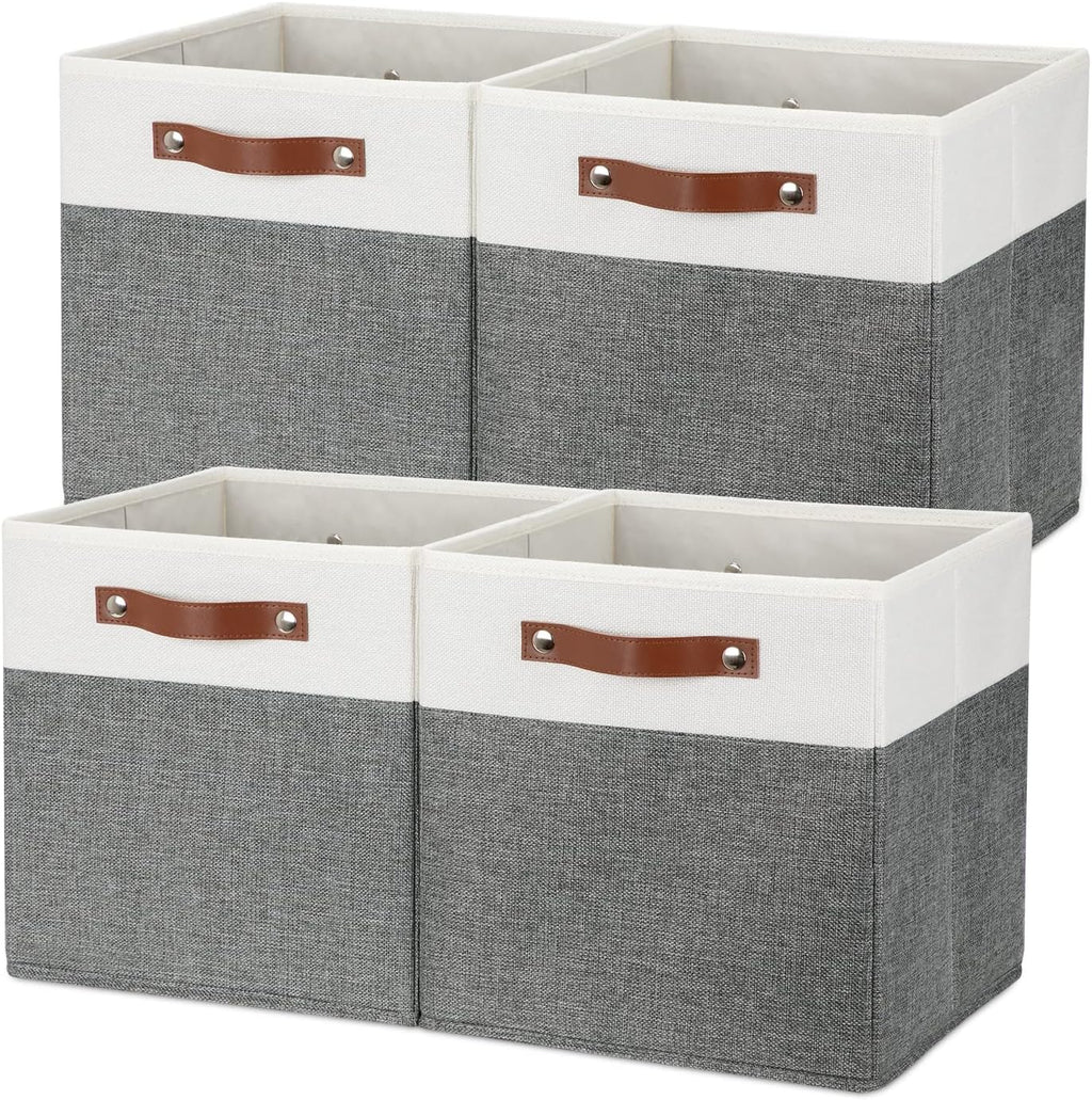 Temary Storage Cubes 12ﾗ12 Fabric Cube Storage Bins Foldable Storage Baskets with Handles, Decorative Storage Boxes for Organizing, Home, Office, Nursery, Shelf, Closet (White & Grey, 12 x 12 x 12)