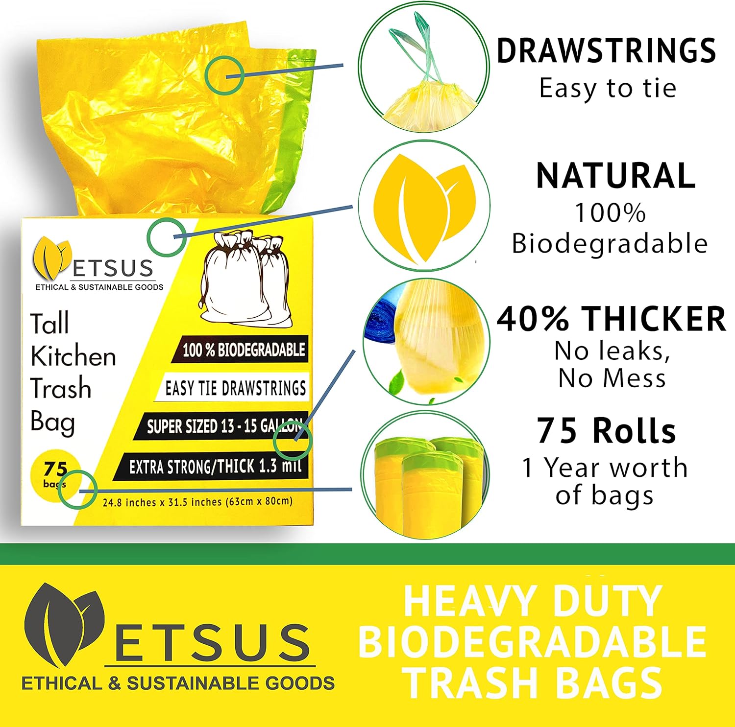 13 Gallon Biodegradable Trash Bags with Drawstrings, 75 Count Plant Based, Code Q Tall Kitchen Compost Bags 50 Liter Bin - Green Garbage Liners - 1.3 mil Thick Heavy Duty and Eco Friendly Trash Bags