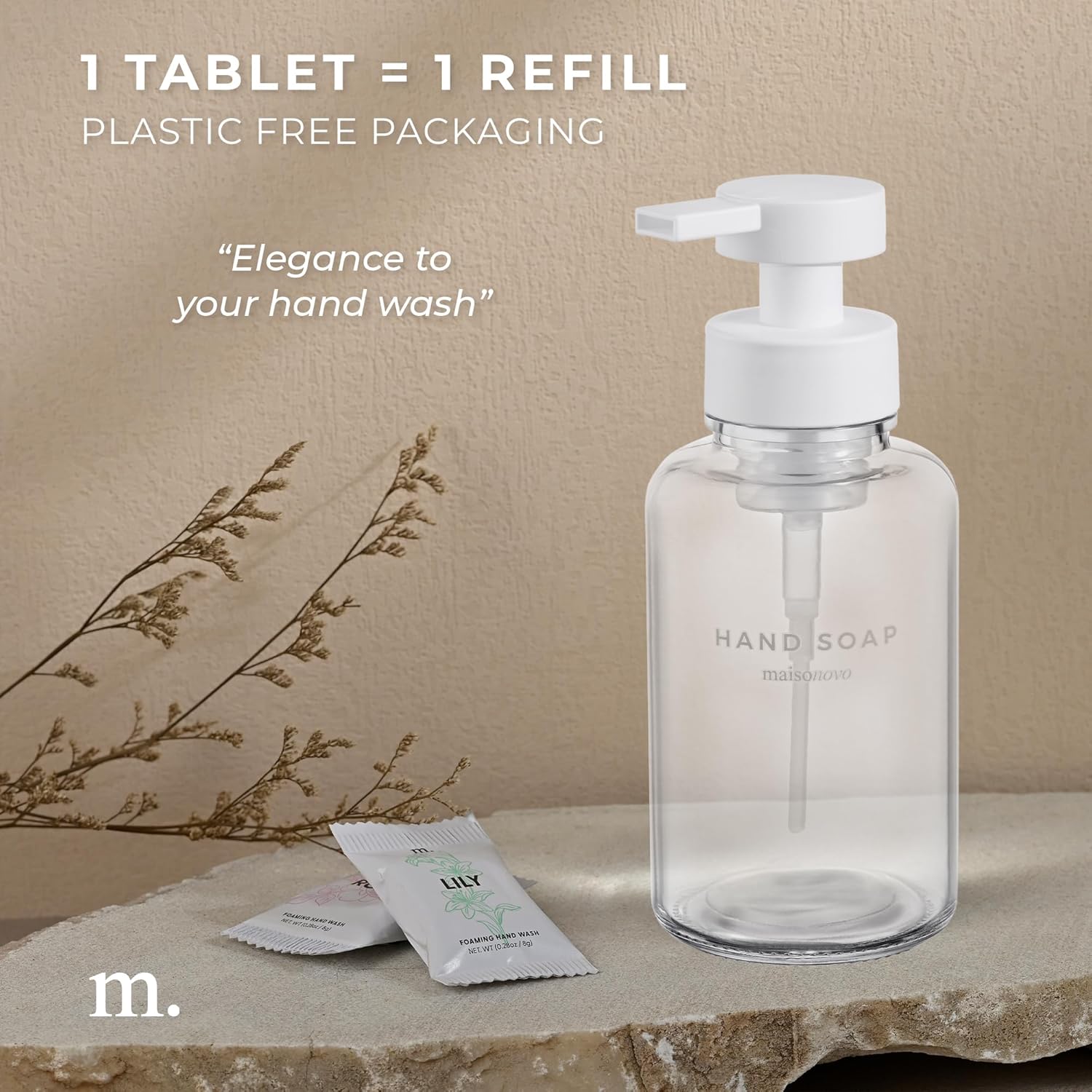 MaisoNovo 14 oz Clear Glass Foaming Soap Dispenser with White Pump + Mixed 4 Pack Foaming Hand Soap Refill Tablets