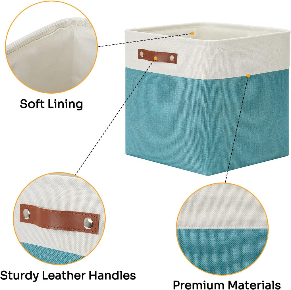 DULLEMELO Storage Bins for Organizing,Closet Storage Baskets for Gift Empty,Large Linen Canvas Storage Bins with Handles for Home Office Toys Shelves(White&Teal, 13 inch Cube)