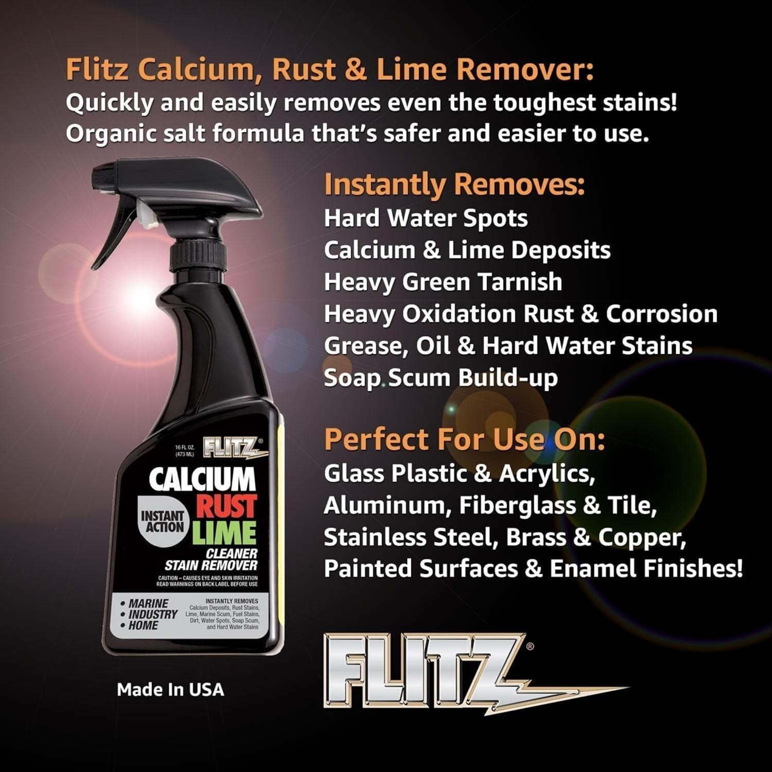 Flitz Calcium, Rust, & Lime Remover - 16oz Bottle of USA-Made Limescale Remover for Toilets, Showers, and More - Powerful Spray that Instantly Eliminates Tarnish, Grease, and Other Grime (3 Pack)