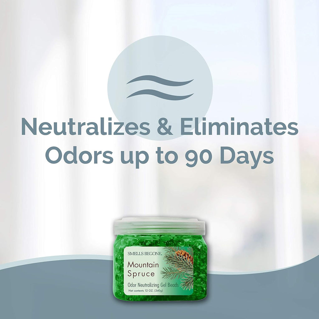 SMELLS BEGONE Odor Eliminator Gel Beads - Air Freshener - Made with Essential Oils - Eliminates Odors in Pet Areas, Bathrooms, Boats, RVs & Cars - Mountain Spruce Scent - 12 Ounce - 2 Pack