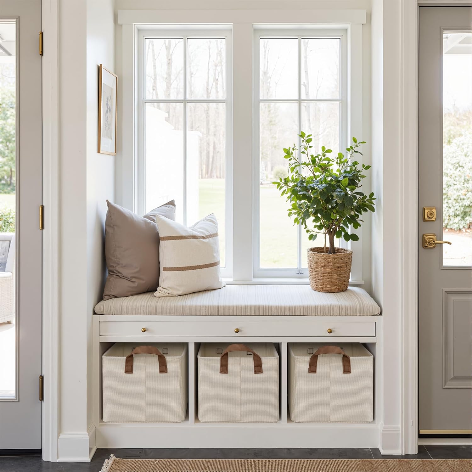 StorageWorks Storage Bins, Shelves Baskets for Organizing, Fabric Closet Organizers with Handles, Metal Frame, Beige（Texture）, 2-Pack