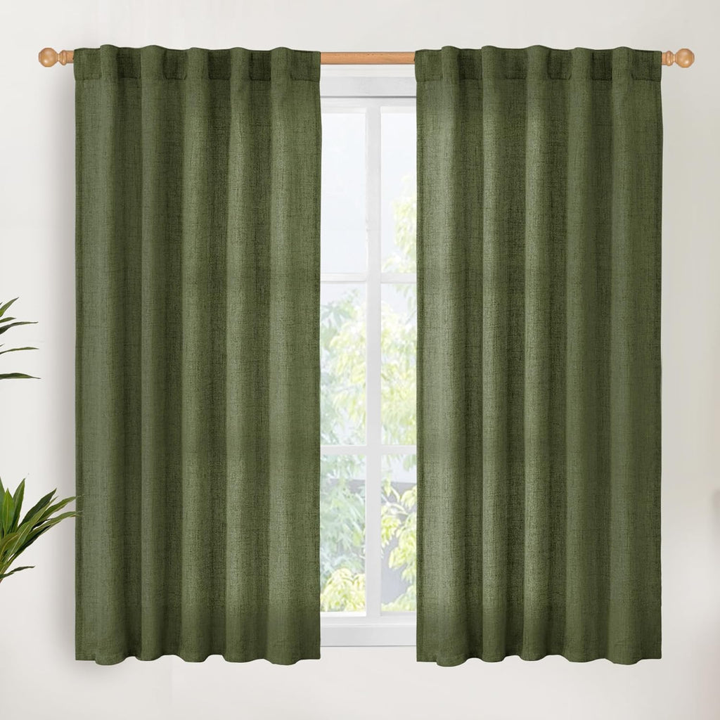 YoungsTex Olive Green Linen Curtains 48 Inch Length for Kitchen, Semi Sheer Small Window Drapes with Rod Pocket Back Tab Light Filtering for Short Living Room Bedroom, 2 Panels, 42 X 48 Inch