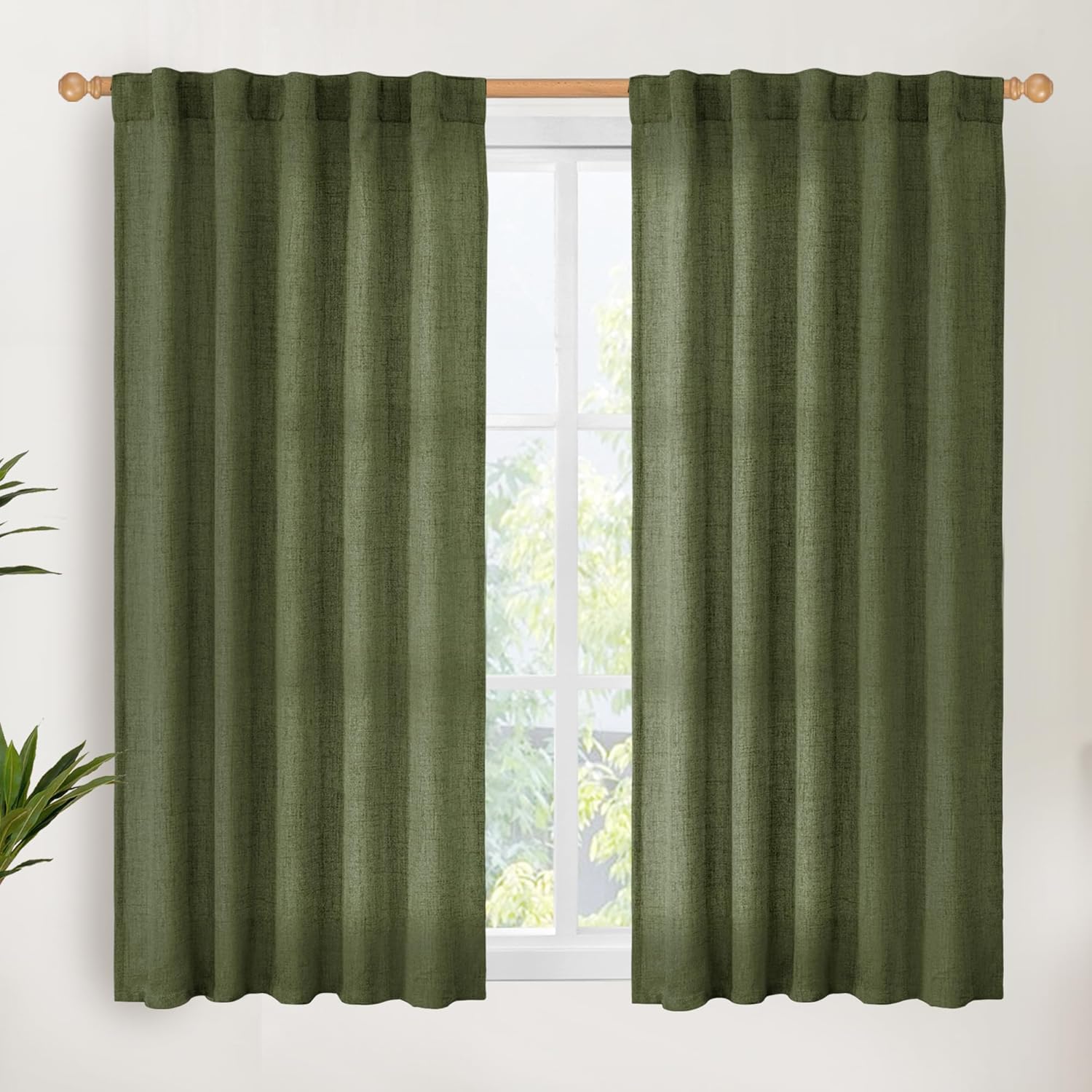 YoungsTex Olive Green Linen Curtains 48 Inch Length for Kitchen, Semi Sheer Small Window Drapes with Rod Pocket Back Tab Light Filtering for Short Living Room Bedroom, 2 Panels, 42 X 48 Inch