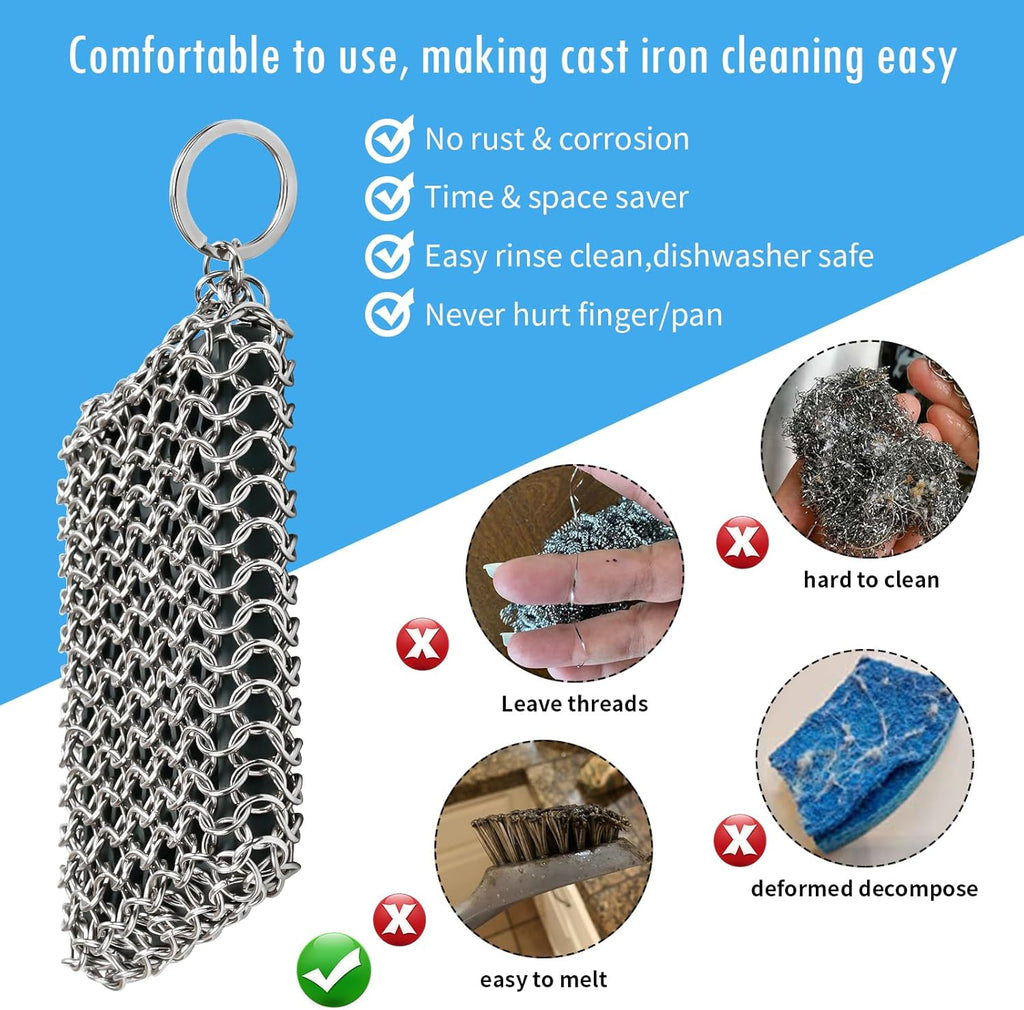 Herda Chain Mail Cast Iron Cleaner Scrubber,316 Chainmail Pan Scrubber Metal Cleaning Brush, Pad, Sponge Scraper to Clean Skillet,Dutch Oven, Wok,Grill Griddle,Chain Link Scrub Brush Pot Care Kit