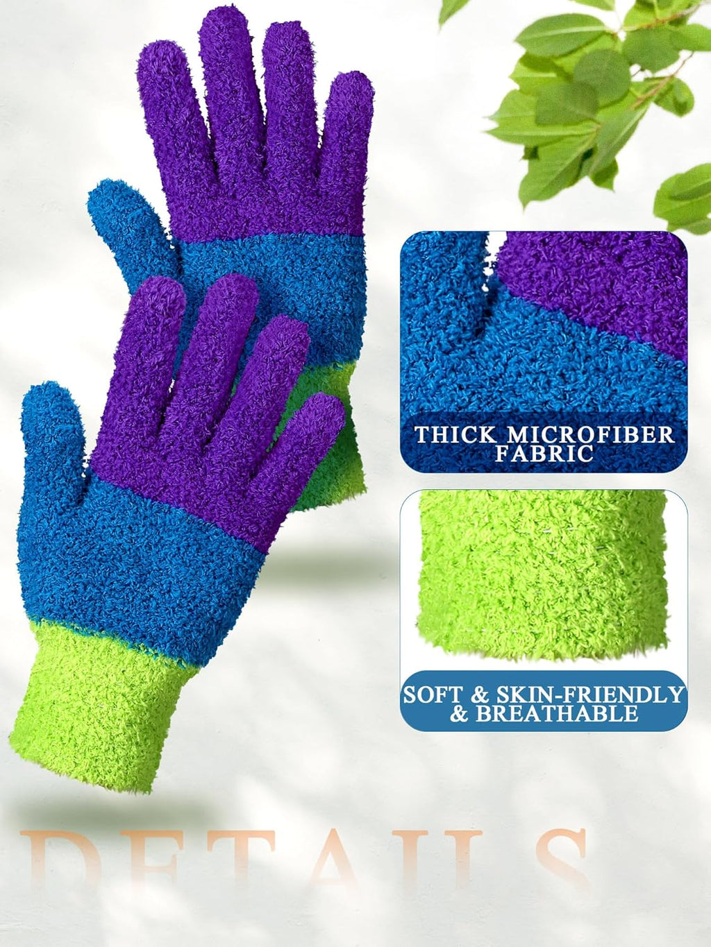 Patelai 3 Pairs Microfiber Plant Dusting Gloves Leaf Cleaning Gloves for Indoor Plants, Blinds, Furniture, House(Medium,Colorful)