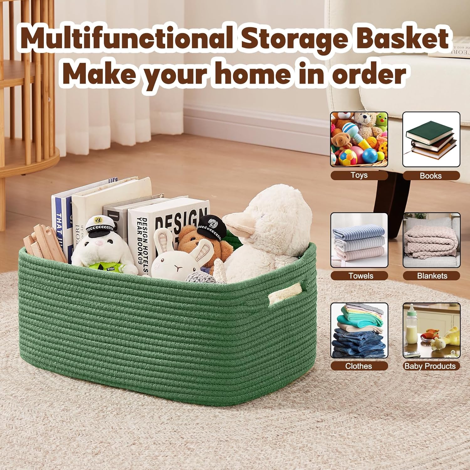 OIAHOMY Storage Basket for Shelves, Closet Cube Storage Bins Baskets for Clothes Blanket Towels, Baby Nursery, Toy Baskets Box, Woven Rope Basket, 15.75*11.81*7.09 IN, 2 Packs Olive Green
