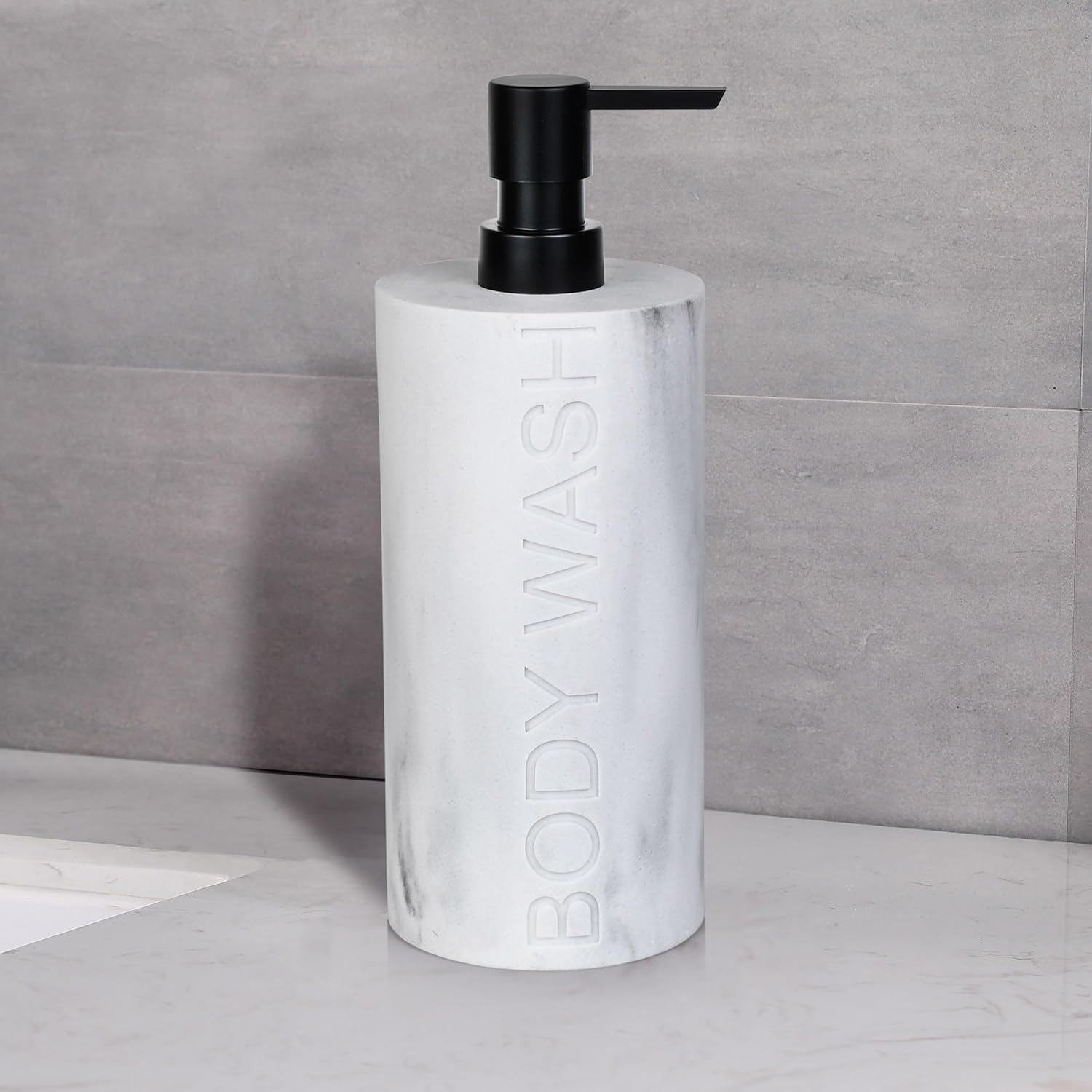 White Body Wash Dispenser Luxurious Refillable Pump Bottle with Embossed Text, Durable Construction for Bathroom and Kitchen