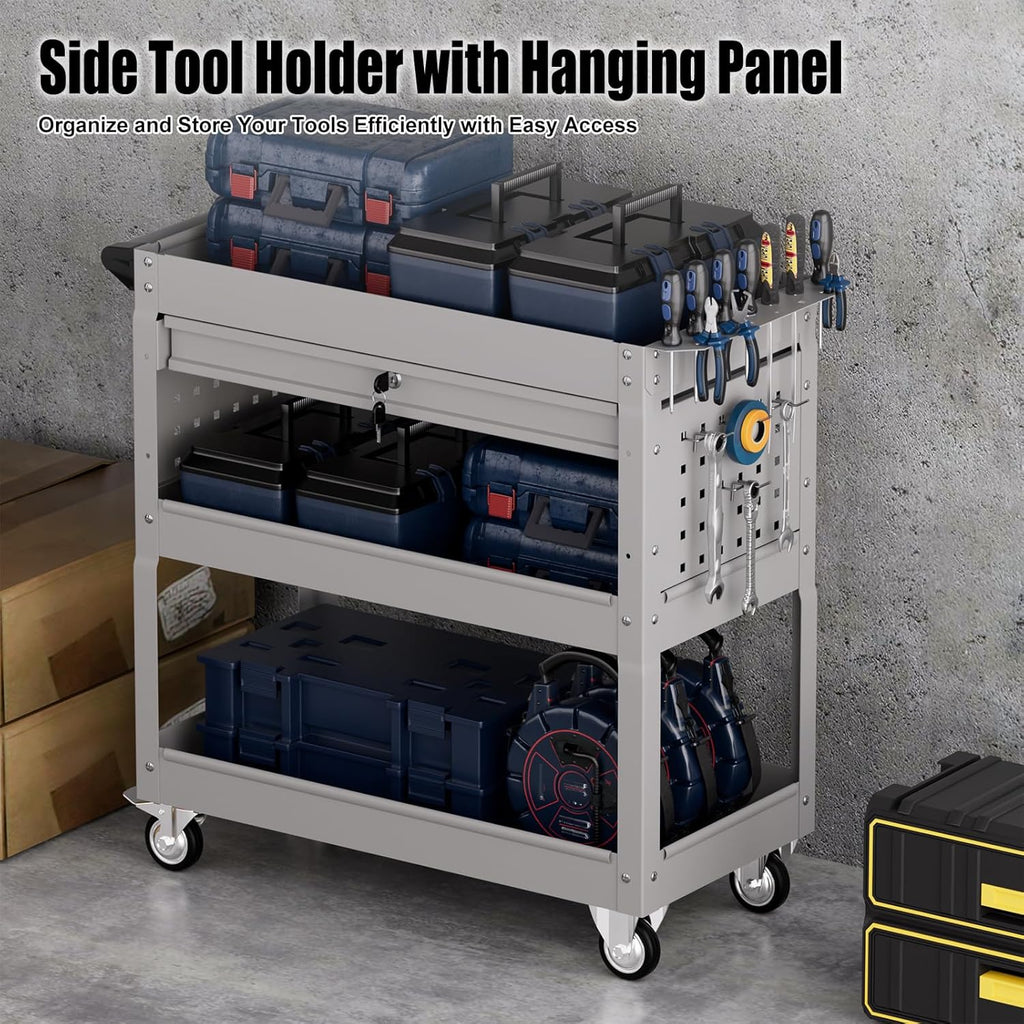 3 Tier Rolling Tool Cart on Wheels, Heavy-Duty Utility Cart Service Cart with Locked Drawers for Garage, Warehouse, Repair Shop, Workshop…
