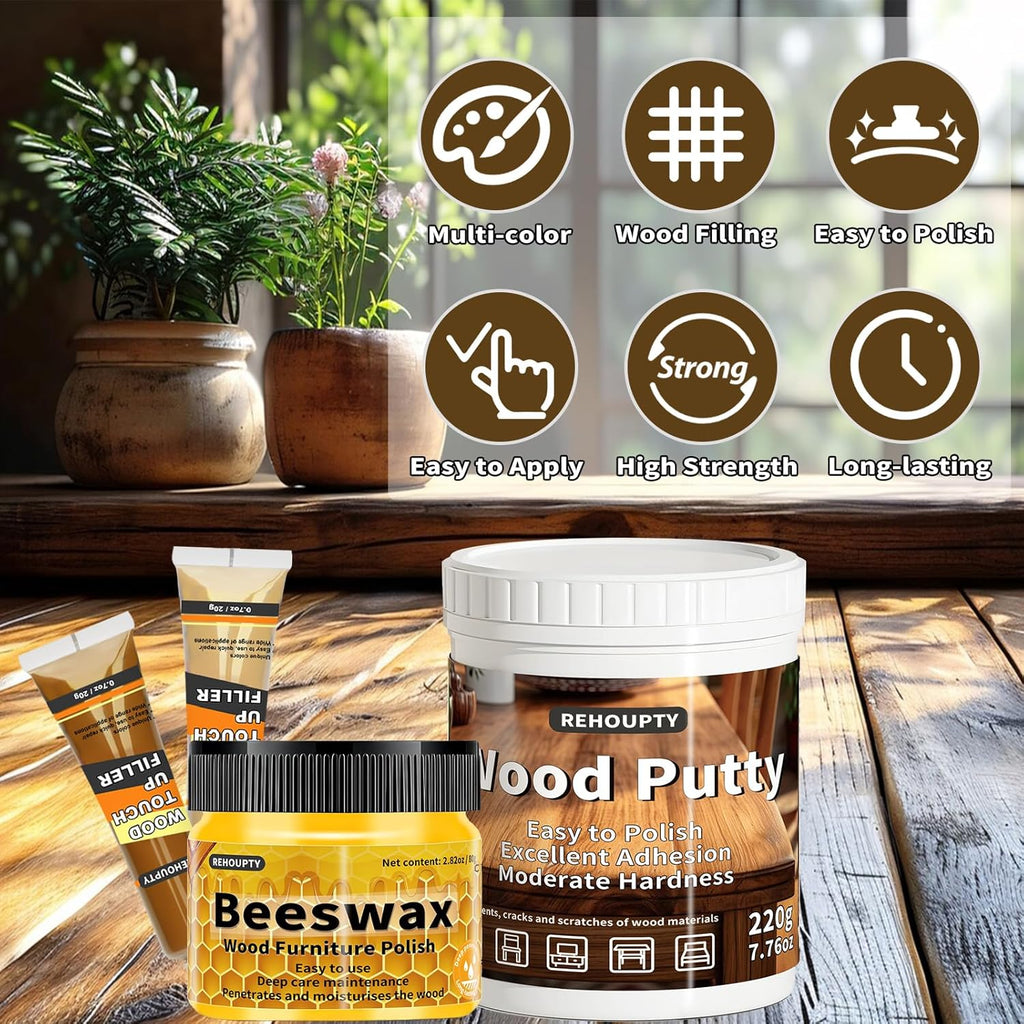 Wood Furniture Repair Kit, All-in-One Large Capacity Floor Repair Kit Include Wood Putty & 12 Colors Wood Touch Up Filler and Beeswax, Vinyl Floor Repair Kit for Scratch, Cracks, Stain, Holes