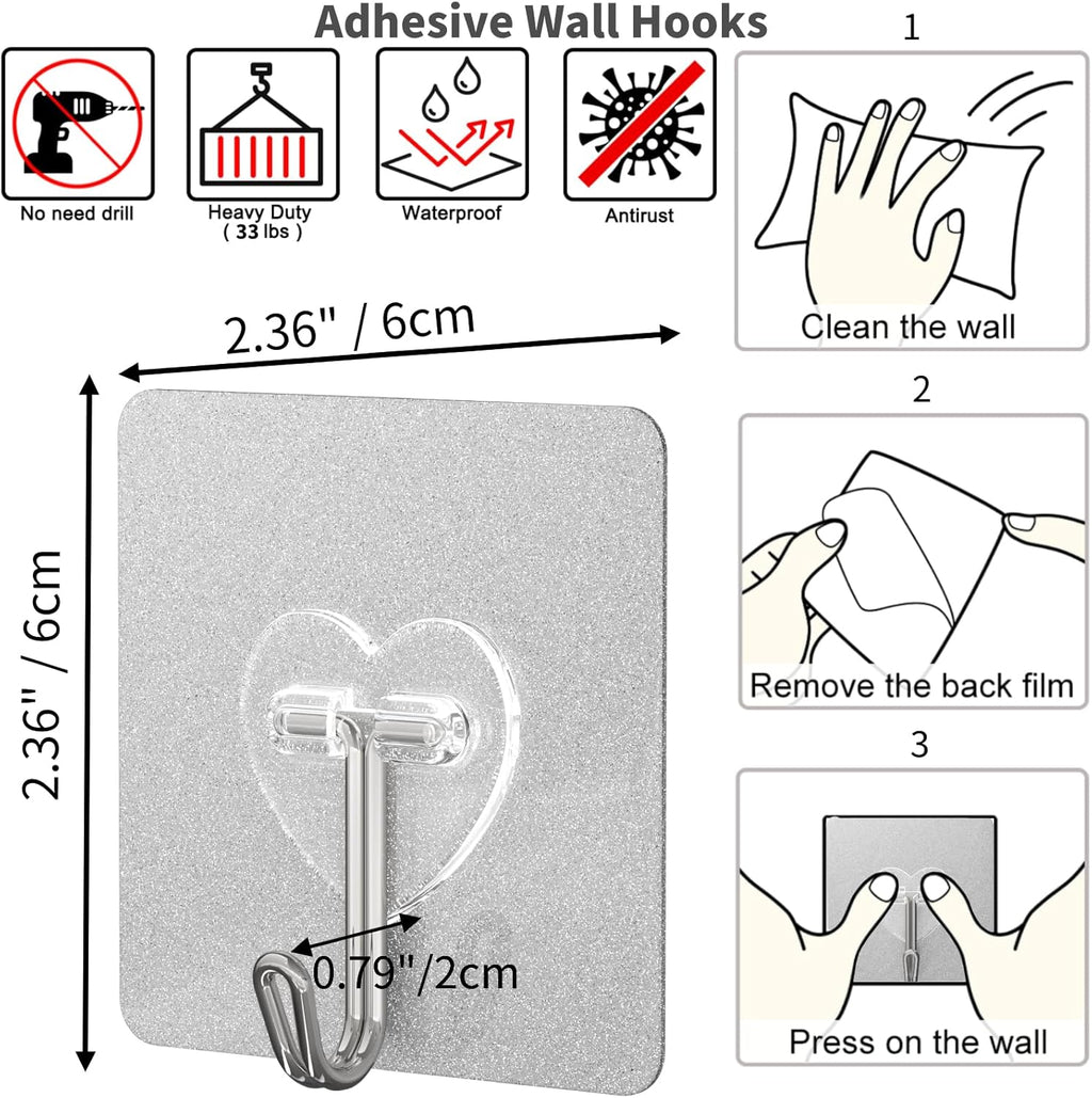 DGYB 20 Pcs Adhesive Hooks for Hanging 22lb Self Adhesive Wall Hooks Heavy Duty Waterproof Transparent Sticky Hook for Shower Home Bathroom Kitchen Office