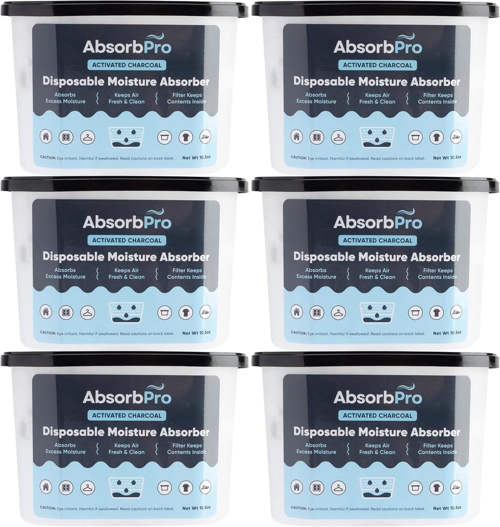 Moisture Absorber Tub with Activated Charcoal - 6-Pack - 10.5 oz Disposable Odor Eliminator Box & Dehumidifier for Garage, Home, Kitchen, Bedroom, Bathroom, Closet, Cars, and Boats