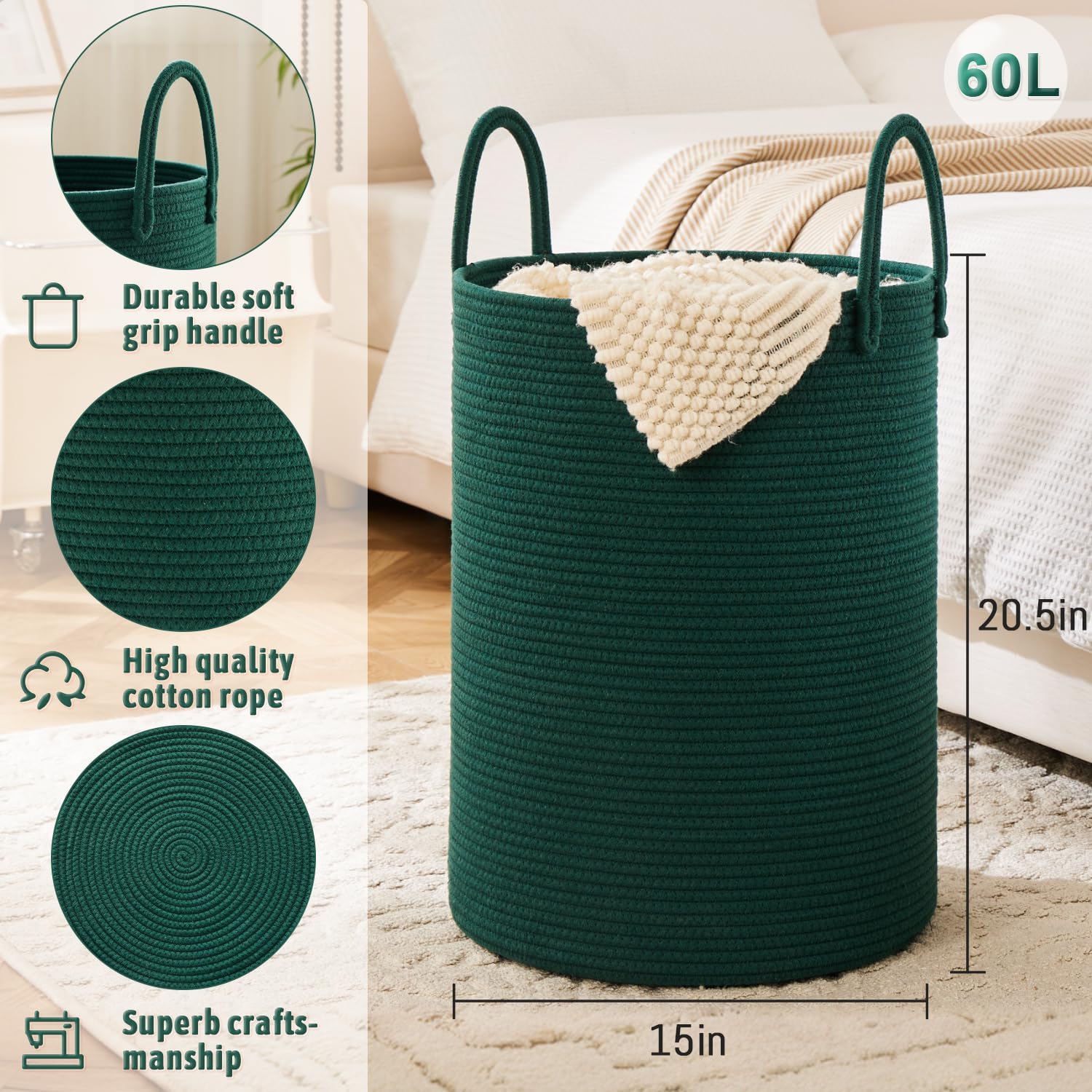 Laundry Basket,Woven Cotton Rope Laundry Hamper,60L for Decorative Storage of Dirty Clothes,Toys and Blankets in Bathroom,Baby Room and Living Room