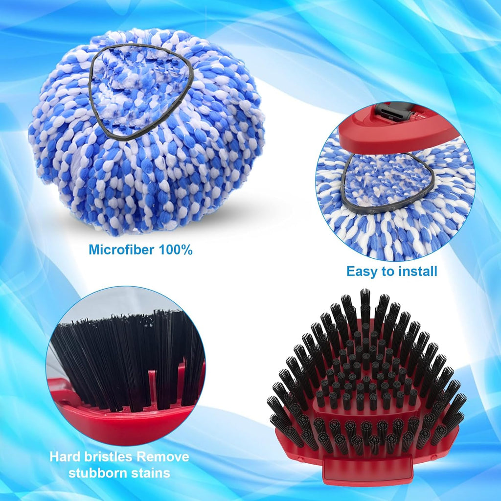 Spin Mop Head and Brush Replacement Compatible with O Cedar RinseClean 2-Tank System, 4 Mop Replace Heads, 1 Handle, 1 Base and 1 Scrub Brush Combo Set