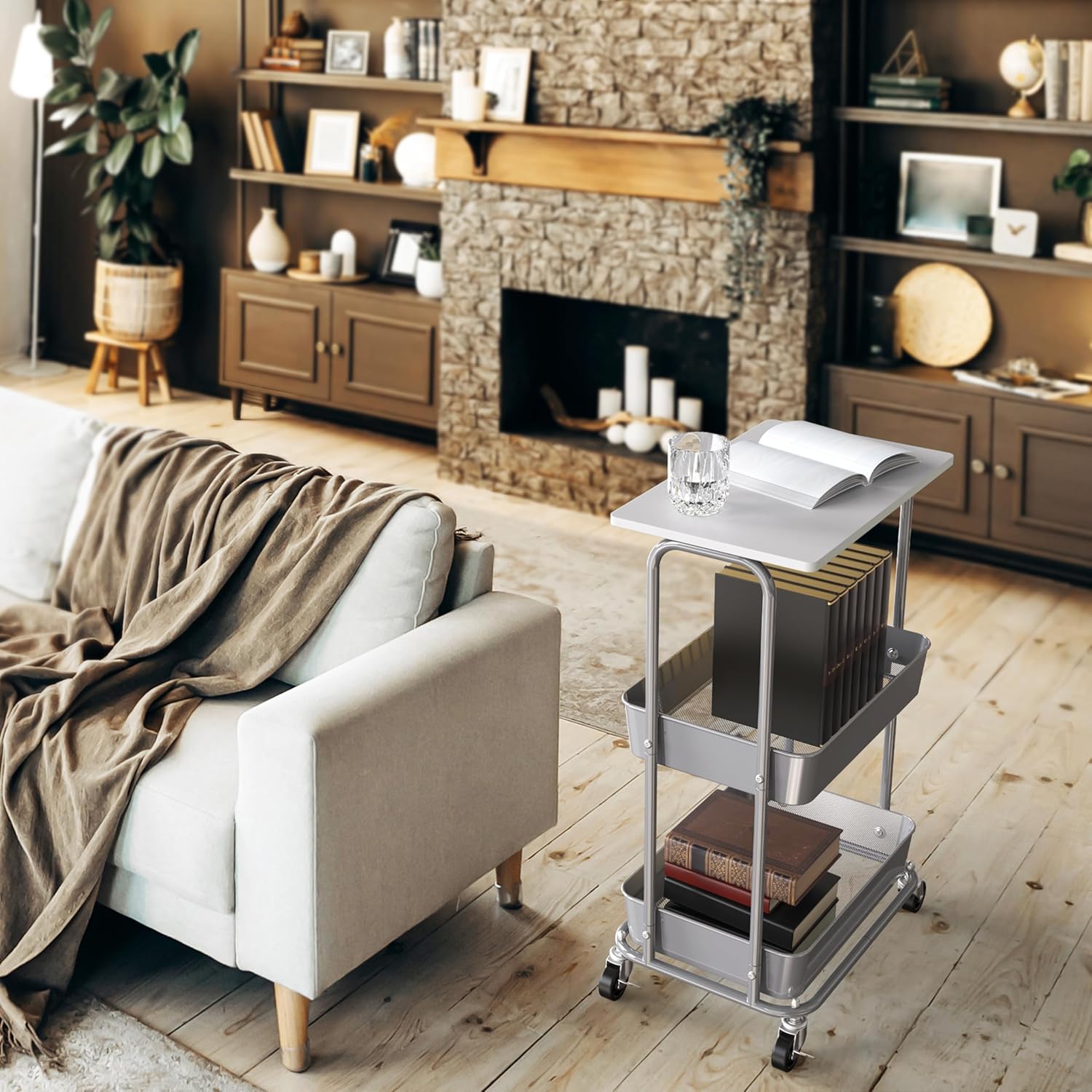 Simple Houseware 2-Tier Rolling Utility Cart with Lockable Wheels and Wood Top, Metal Storage Organizer Trolley for Kitchen, Bathroom, Office, Craft Room, White