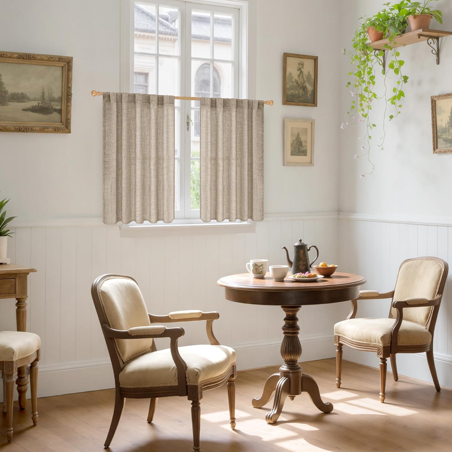 YoungsTex Dark Oatmeal Linen Curtains 40 Inch Length for Kitchen Window, Short Semi Sheer Drapes Burlap Textured Light Filtering with Rod Pocket Back Tab for Cafe Bathroom, 2 Panels, 42 X 40 Inch