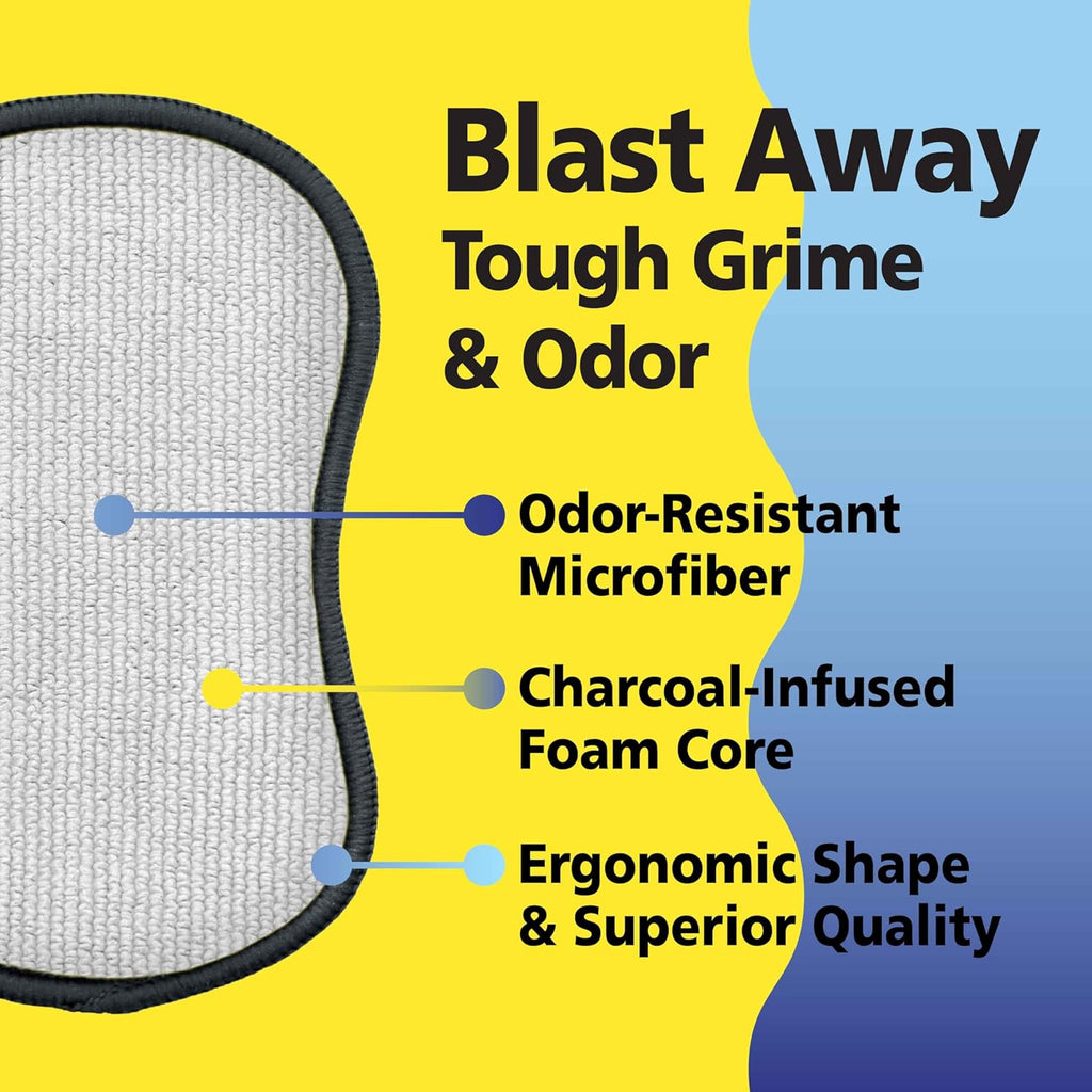 Fresh Scrub-N-Wipe Pad by Tuff-Scrub, 6-Pack, Antimicrobial & Charcoal Foam for Odor Control, Microfiber, Multi-Surface, Non-Scratch, Dual-Sided, Machine Washable, Kitchen Sponge (Small)