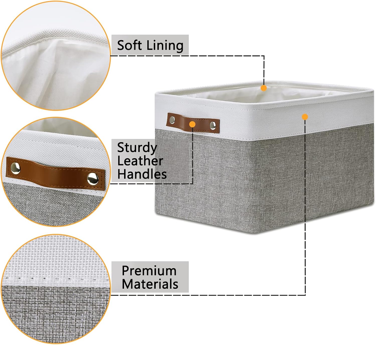 DULLEMELO Fabric Baskets for Storage, Office, Home,Nursery,Organizing Baskets for Shelves, Bedroom, Toys,Gift,Fabric Storage Basket with Handles(White&Grey,15"x11"x9.5",4-Pack)