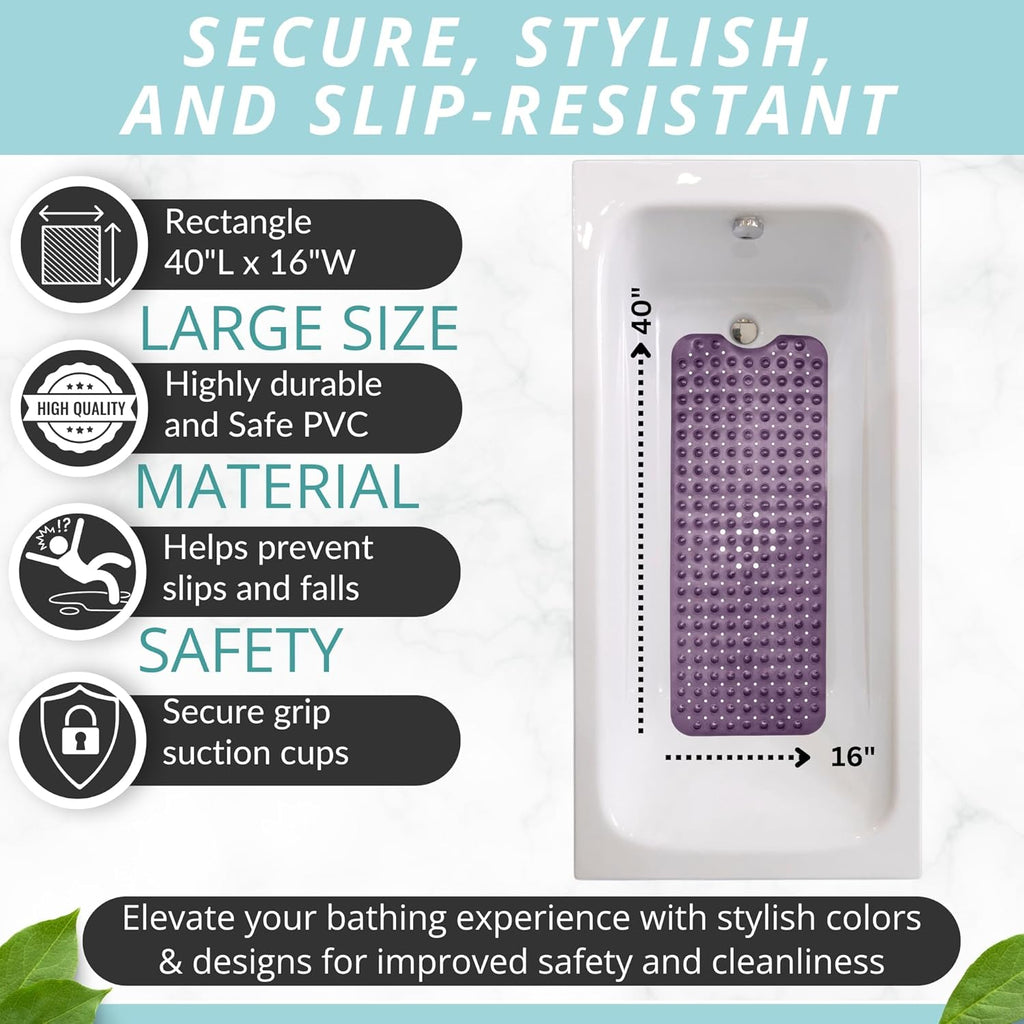 ENKOSI Bath Mat – 40 x 16 Inch Long Non-Slip Bathtub & Shower Mat with Suction Cups – Large PVC Bathroom Mat with Drain Holes for Tub & Shower (Bath - 40x16 Purple)